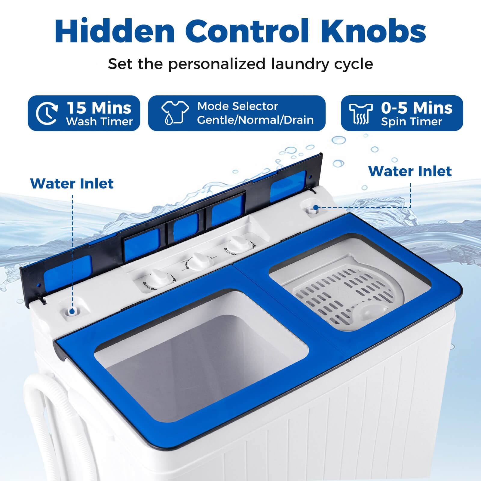 Hidden Control Knobs  
Set the personalized laundry cycle  

- 15 Mins Wash Timer  
- Mode Selector Gentle/Normal/Drain  
- 0-5 Mins Spin Timer  
- Water Inlet