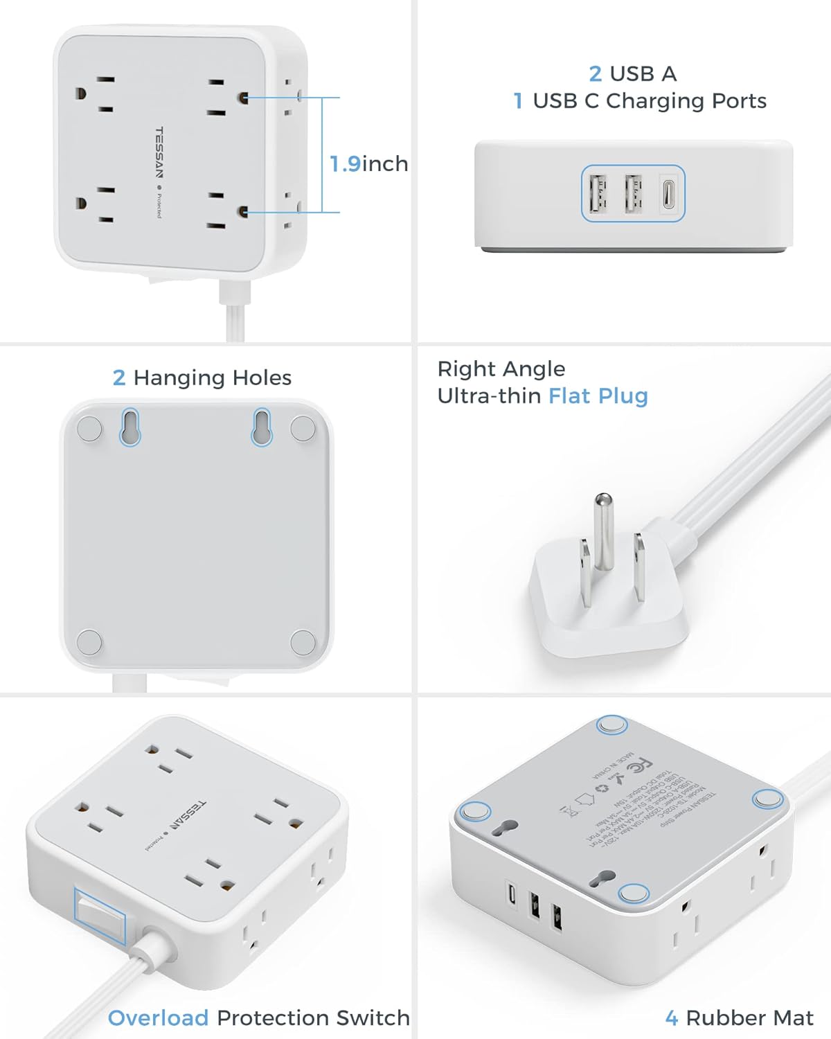 TESSAN 1.9inch 2 USB A 1 USB C Charging Ports 2 Hanging Holes Right Angle Ultra-thin Flat Plug TESSAN m FC IO 07 800 on MG and LA - Overload Protection Switch 4 Rubber Mat