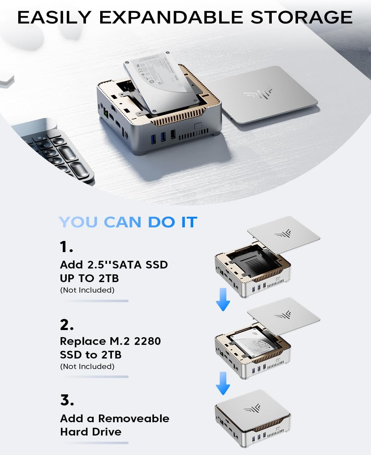EASILY EXPANDABLE STORAGE

YOU CAN DO IT

1. Add 2.5" SATA SSD UP TO 2TB (Not Included)

2. Replace M.2 2280 SSD to 2TB (Not Included)

3. Add a Removable Hard Drive