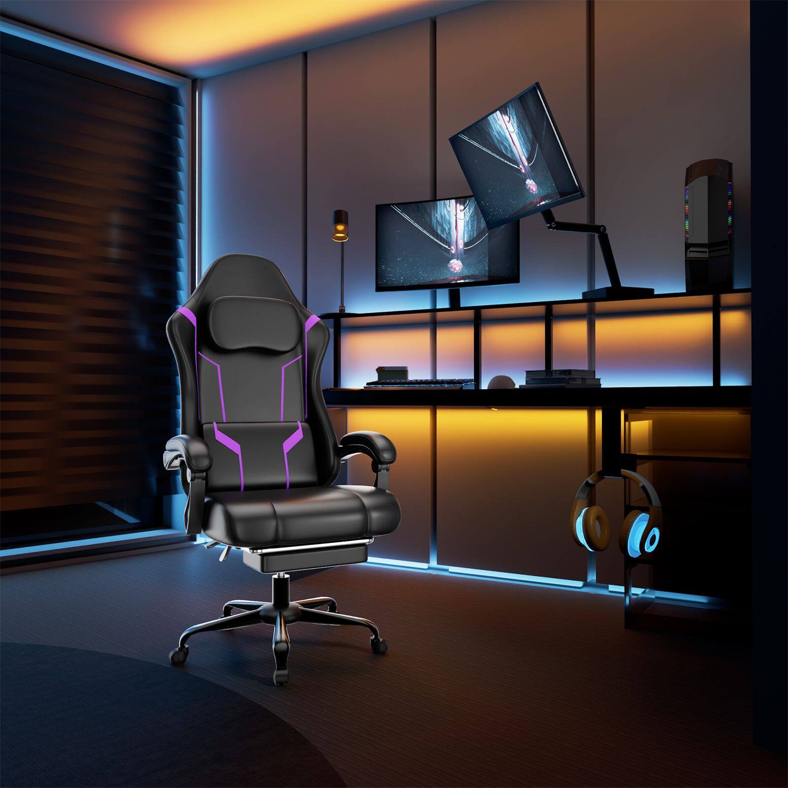 Alt View 3. Akoasm - Ergonomic Gaming Chair Height Adjustable Computer Chair with Pocket Spring Pad and Footrest-Purple - Purple.