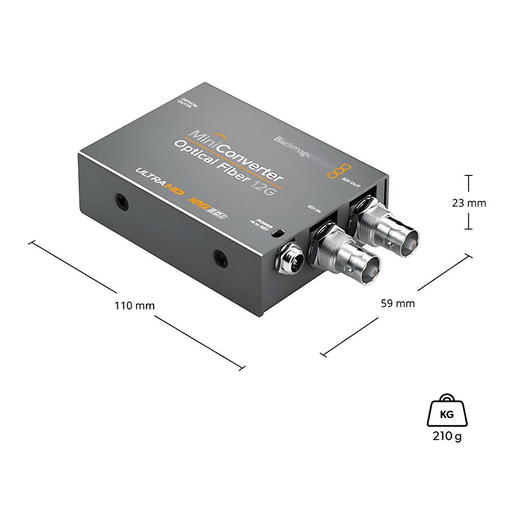 Mini Blackmagic Optical MiniConverter ULTRAHD Fiber 12G  
12G  
POWER  
23 mm  
110 mm  
59 mm  
210 g