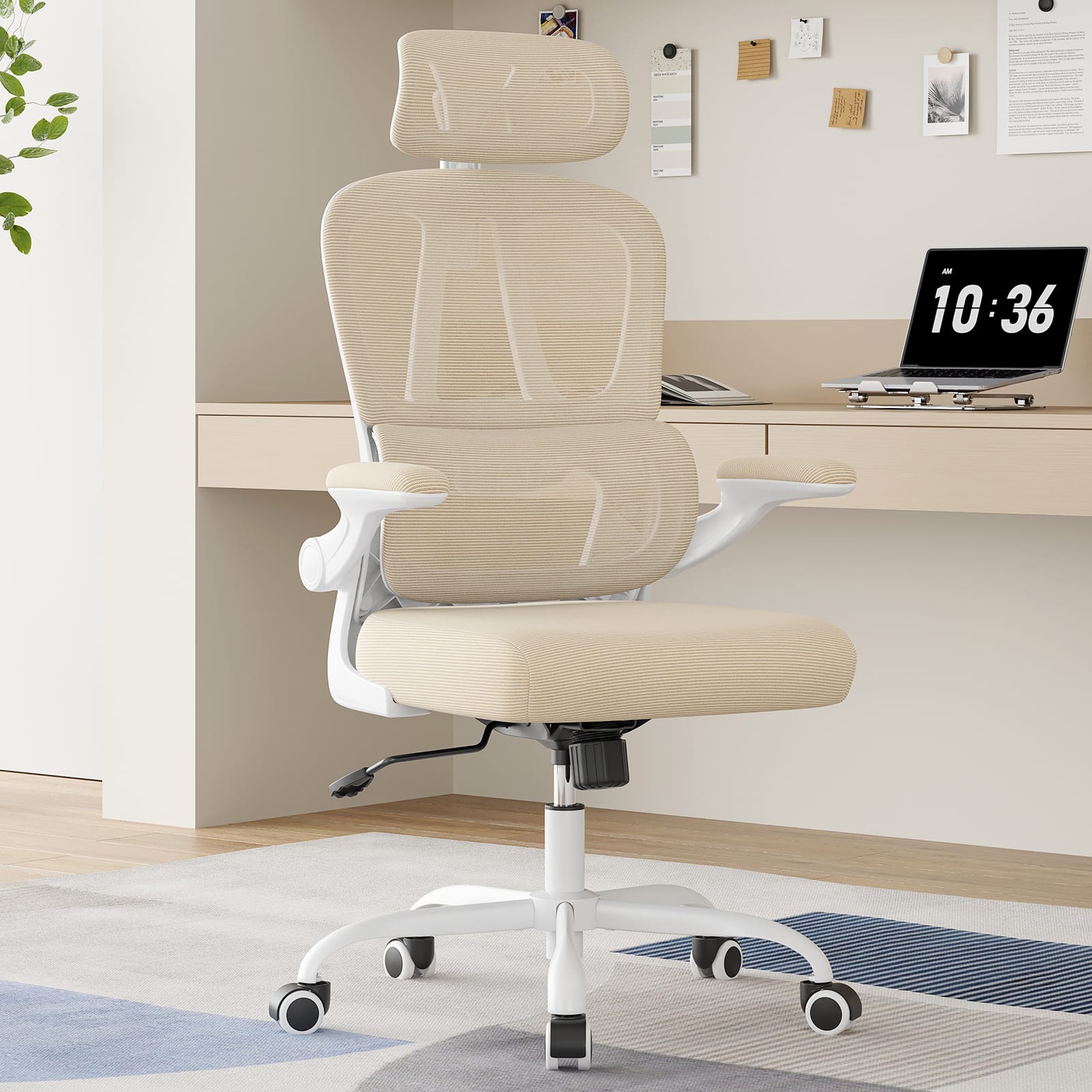 Aukfa - Ergonomic Office Chair - High Back Desk Chair with Headrest & Lumbar Support, Swivel Design for Home Office - Khaki