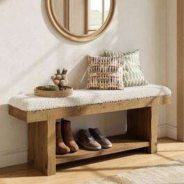 Tribesigns - 47.2-Inch Solid Wood Entryway Bench, 2-Tier Farmhouse Upholstered Bedroom Bench with Storage Shelf, Narrow Bench for Bed - White & Brown