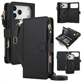 Dteck - Wallet Phone Case for Apple iPhone 18 Pro Max, 2 in 1 RFID Shockproof Leather Magnetic TPU Cover with Crossbody Strap - Black