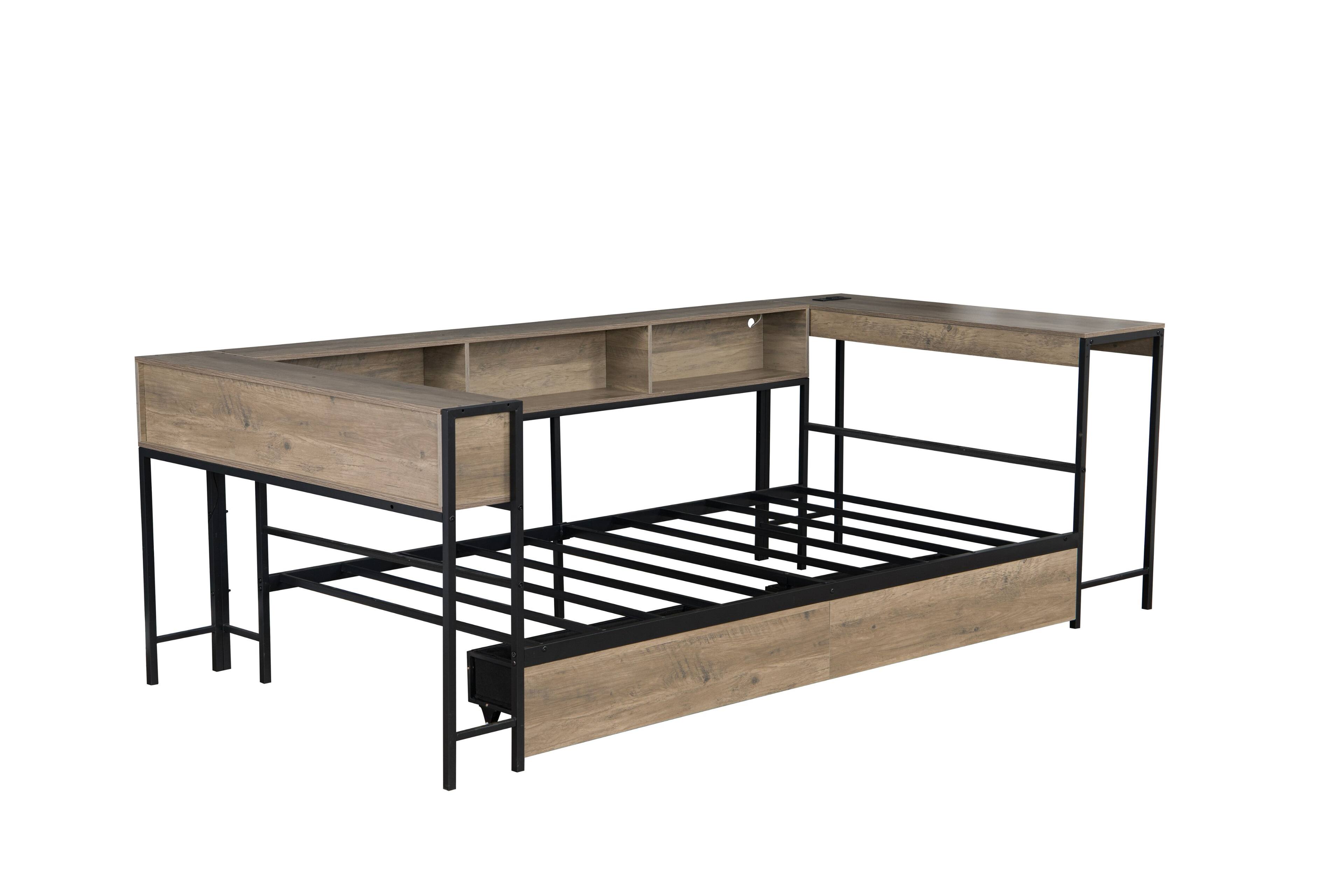 Alt View 2. LUCKY ONE - Twin Size Corner Bed Frame with Bookcase and 2 Underbed Storage Drawers - Grey.