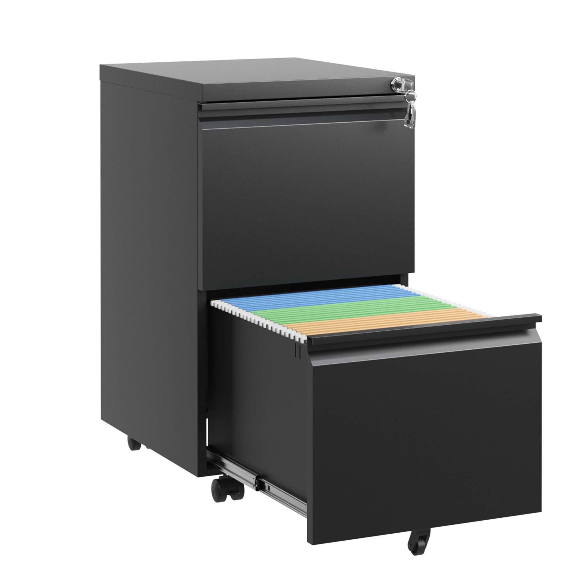 Left. GOODSILO - Fully Assembled Rolling Mobile File Cabinet with Lock for Legal/Letter/A4 - 2 Drawers - Black.