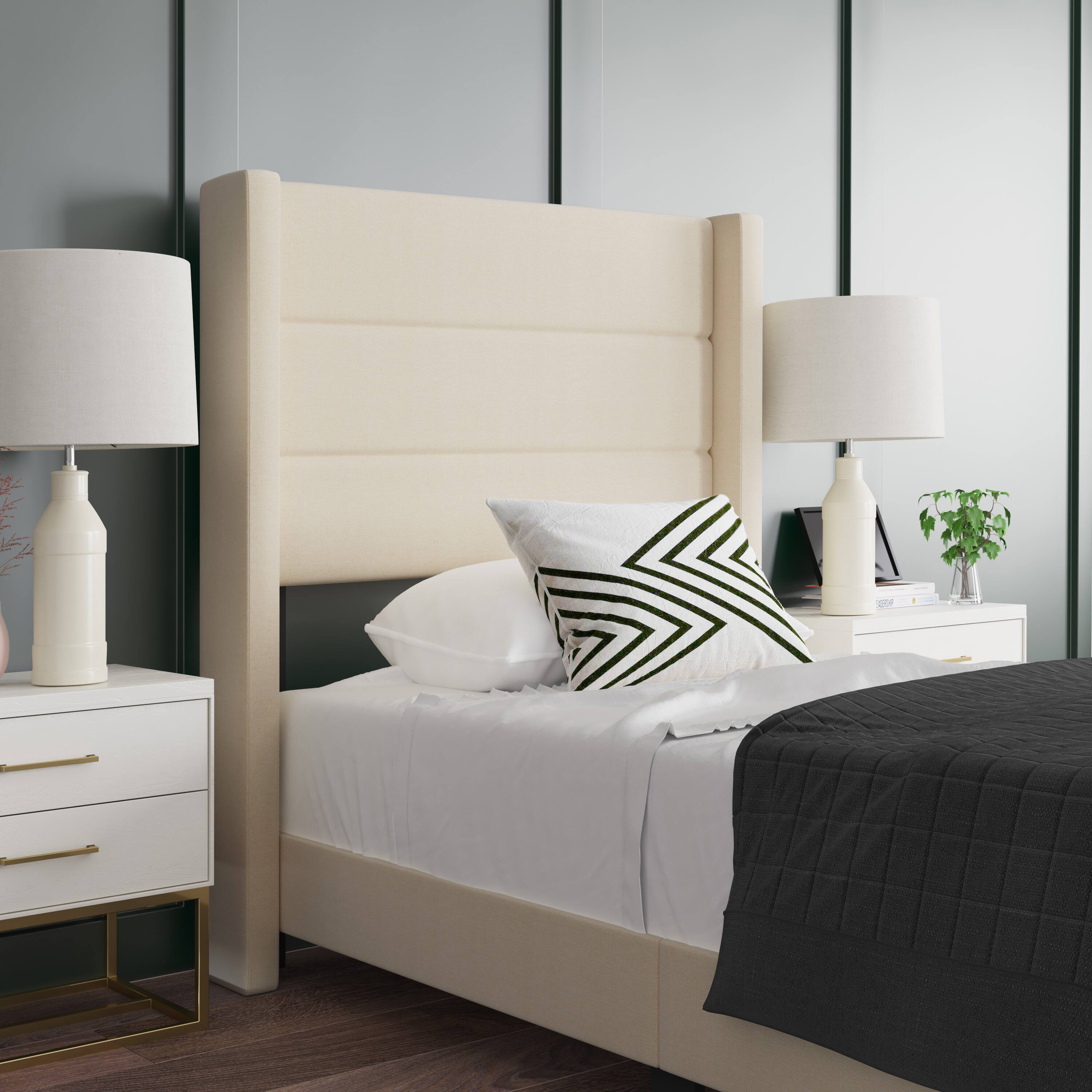 Alt View 4. Emma + Oliver - Upholstered Platform Bed with Wingback Headboard - Beige.