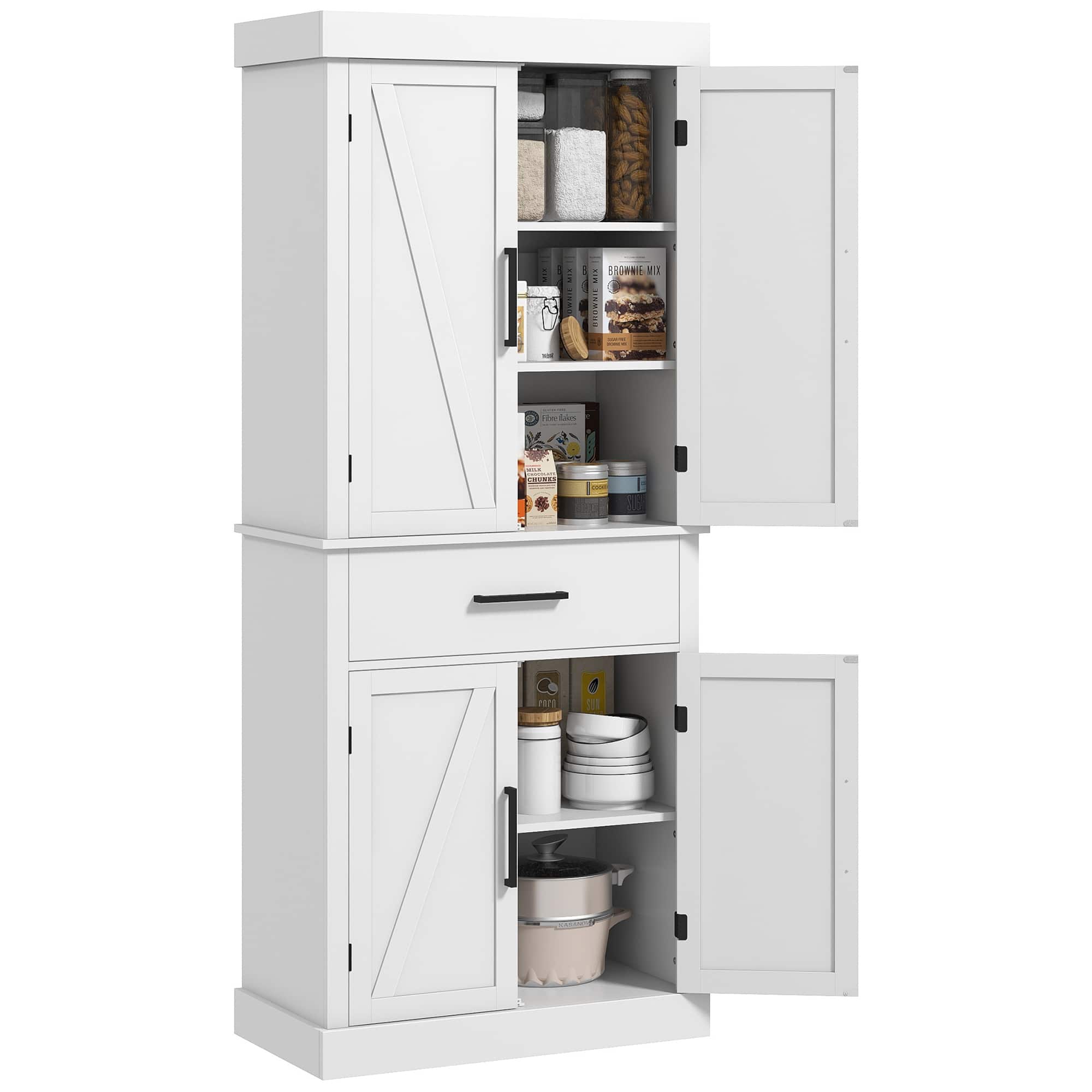 Homcom - Tall Kitchen Cabinet, Kitchen Pantry Cabinet with Barn Doors, Drawer - White