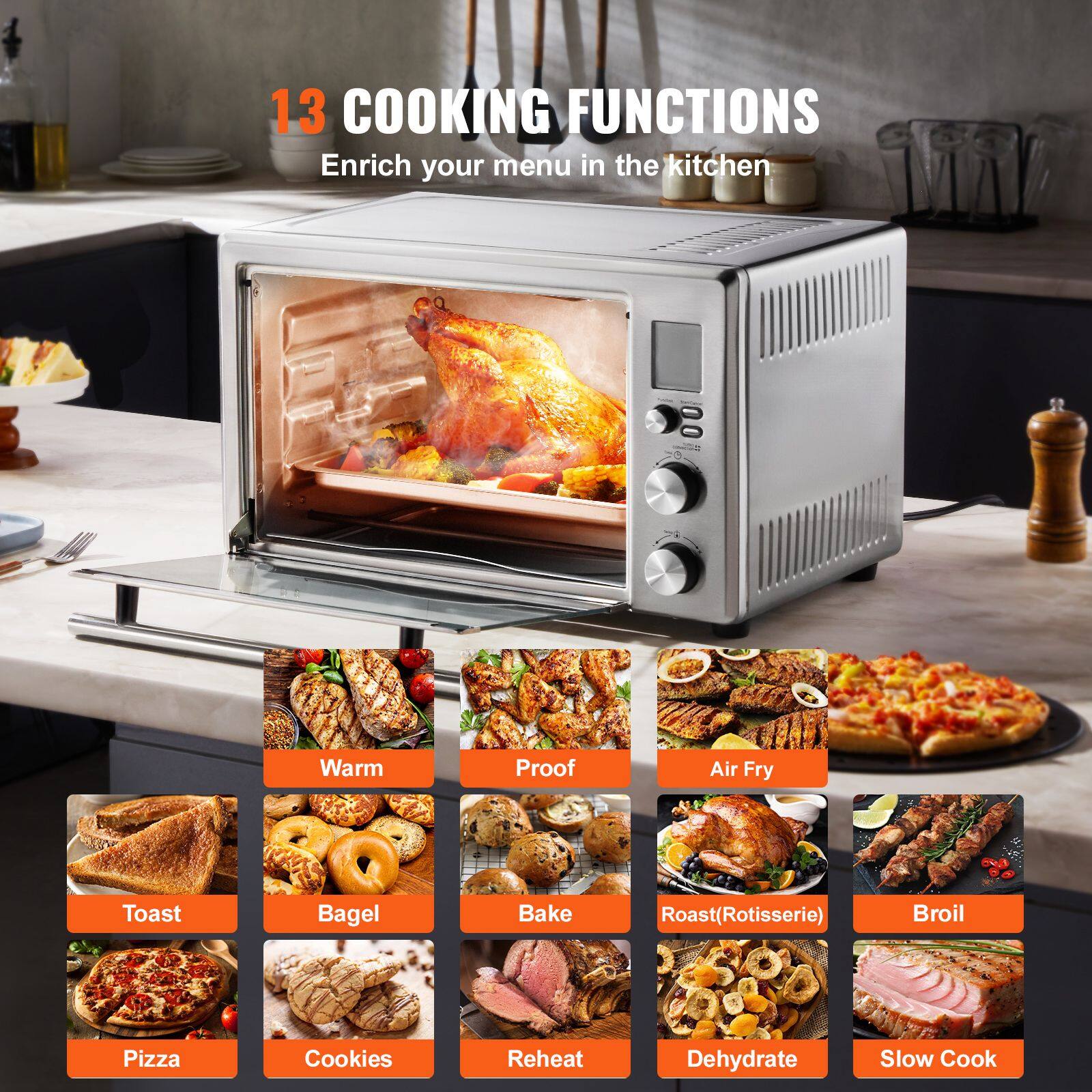 13 COOKING FUNCTIONS  
Enrich your menu in the kitchen  

Warm  
Proof  
Air Fry  
Toast  
Bagel  
Bake  
Roast (Rotisserie)  
Broil  
Pizza  
Cookies  
Reheat  
Dehydrate  
Slow Cook