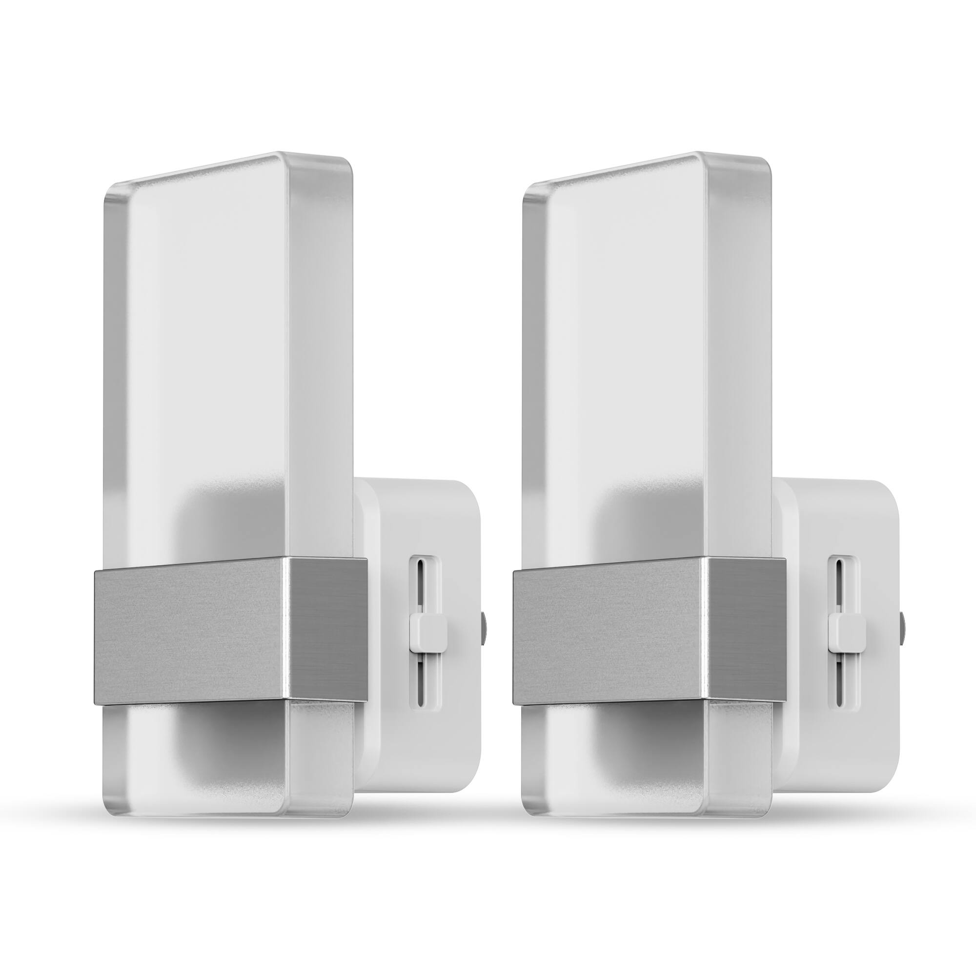 Jandcase - 2-Pack 1W Plug-in Night Light, 3000K Warm Glow, Satin Nickel Accent, Up/Down Light,Light Sensor - Silver