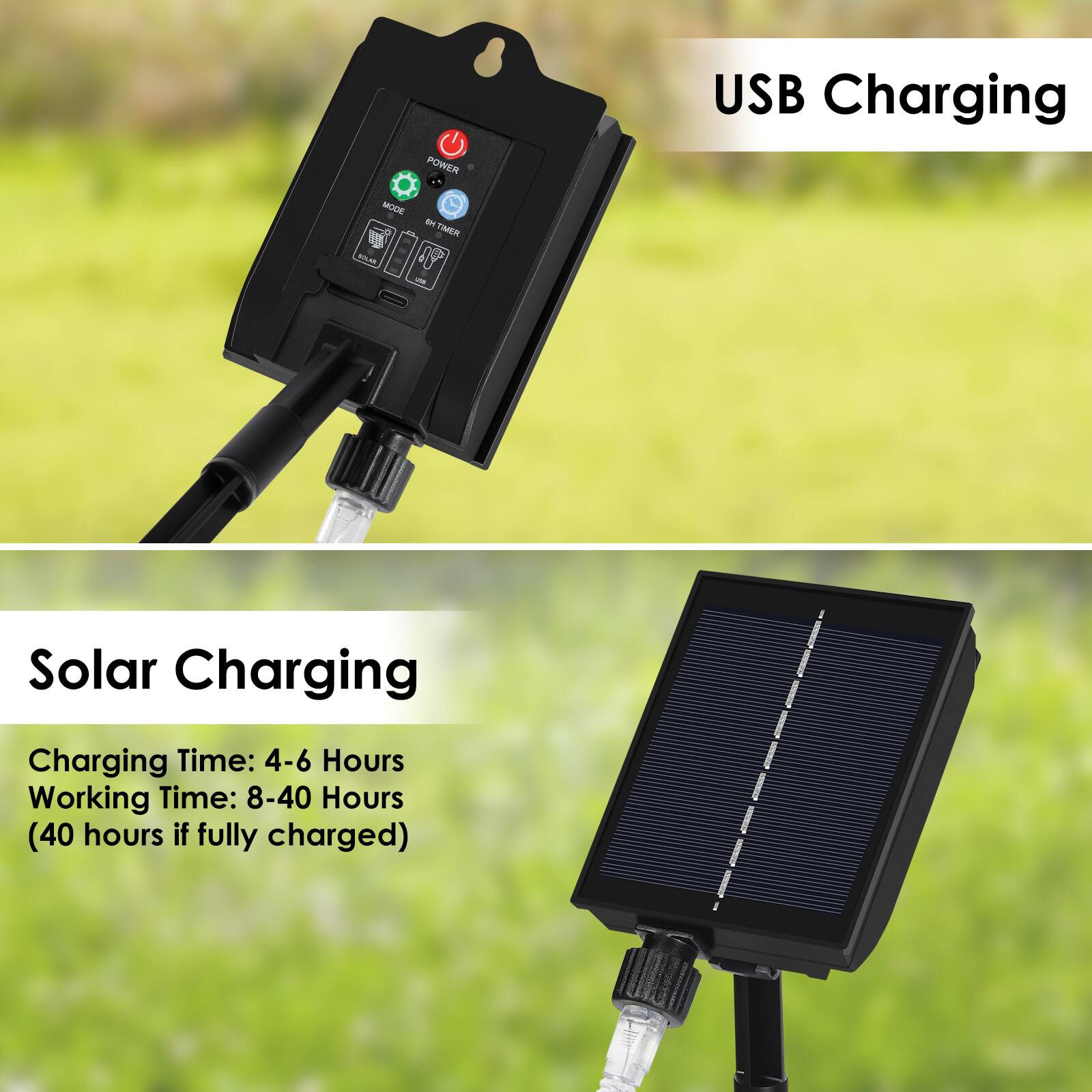 POWER USB Charging MODE - TIMER 1 - N - Solar Charging

Charging Time: 4-6 Hours
Working Time: 8-40 Hours (40 hours if fully charged)