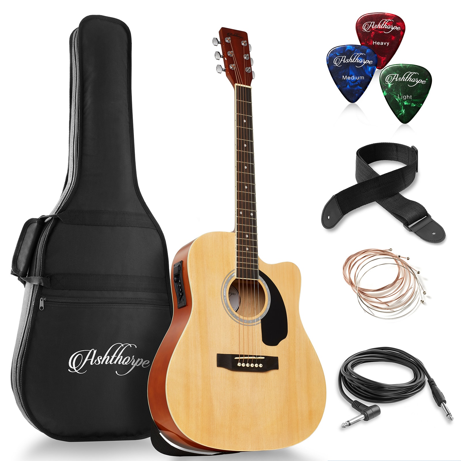 Ashthorpe - Full-Size Dreadnought Cutaway Acoustic-Electric Guitar Bundle - Natural