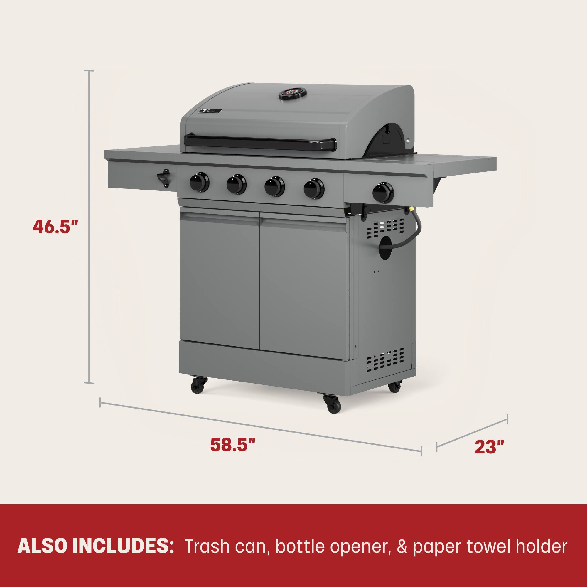 The text on the image reads: "46.5" 58.5" 23" ALSO INCLUDES: Trash can, bottle opener, & paper towel holder."