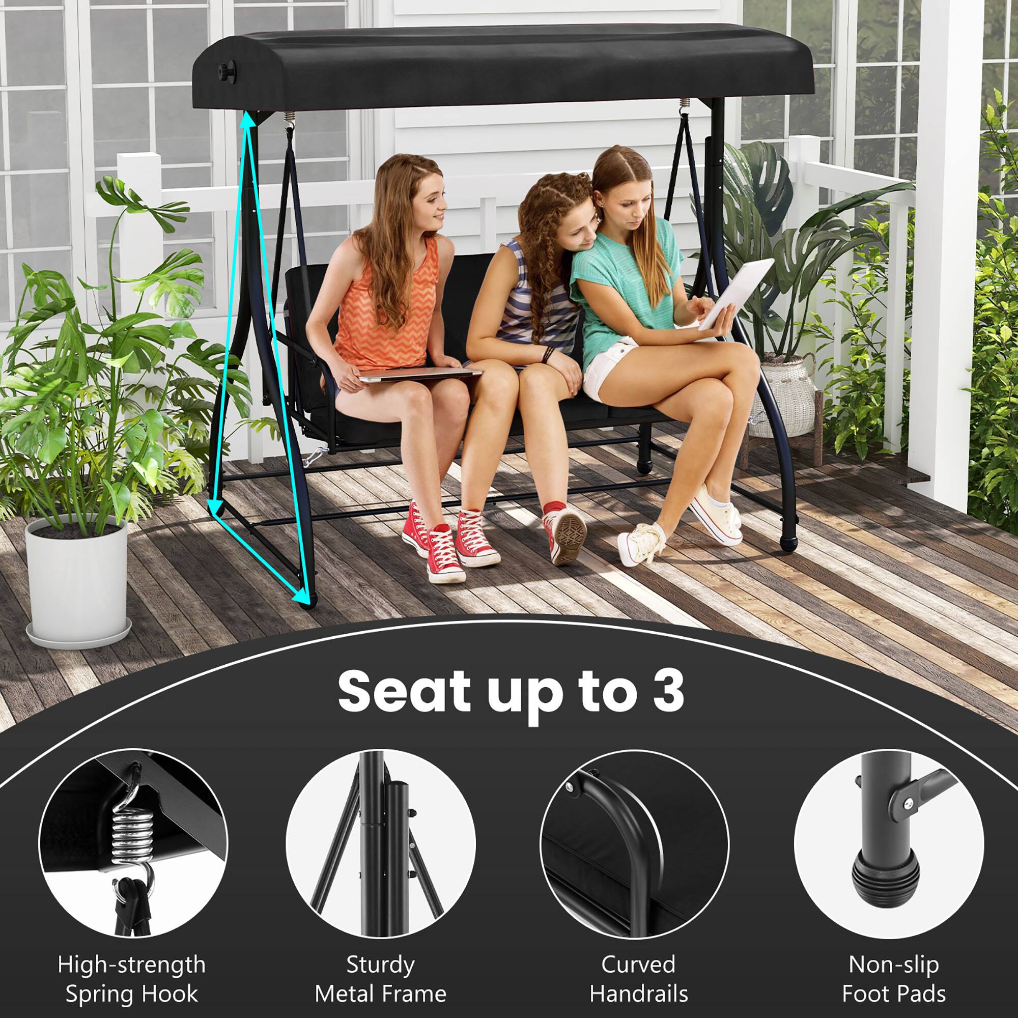 Alt View 8. Gymax - Gymax Converting Patio Swing Chair Porch Swing Bed w/Adjustable Canopy & Thickened Cushion Black - Black.