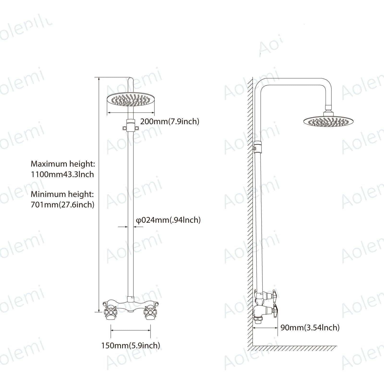 - 200mm (7.9 inch)
- Maximum height: 1100mm (43.3 inch)
- Minimum height: 701mm (27.6 inch)
- Ø024mm (.94 inch)
- 90mm (3.54 inch)
- 150mm (5.9 inch)