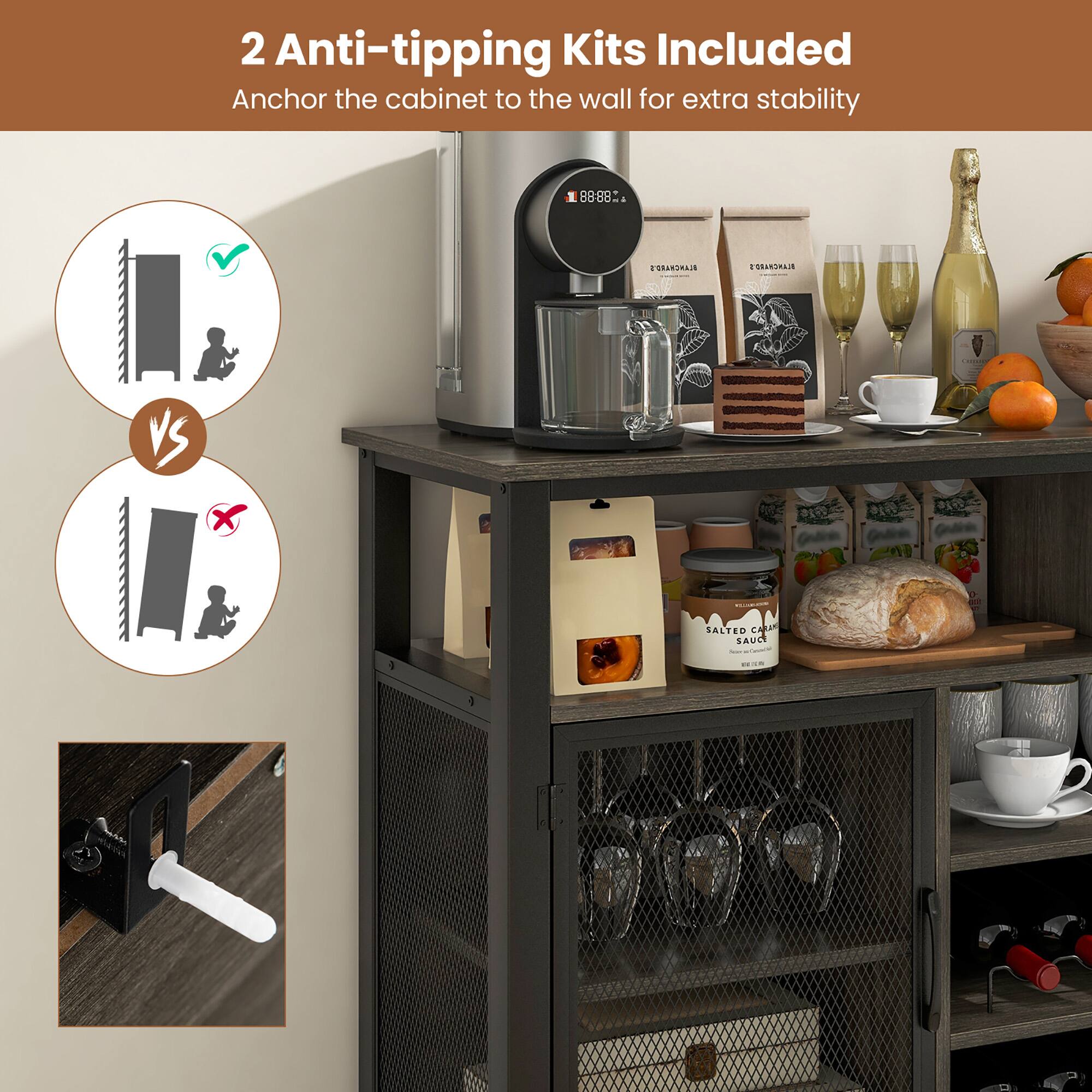 2 Anti-tipping Kits Included  
Anchor the cabinet to the wall for extra stability