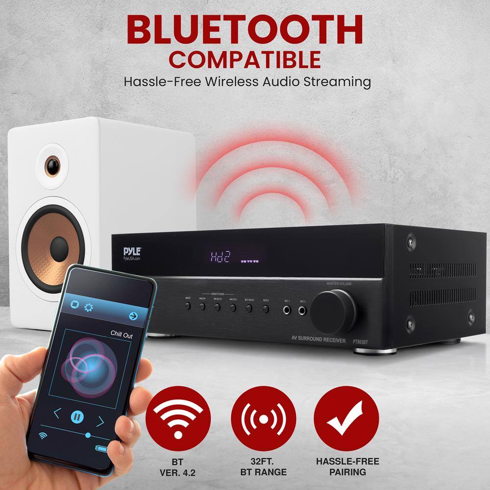 BLUETOOTH COMPATIBLE  
Hassle-Free Wireless Audio Streaming  

PYLE  
AV SURROUND RECEIVER  
PTM3  

BT VER. 4.2  
32FT. BT RANGE  
HASSLE-FREE PAIRING