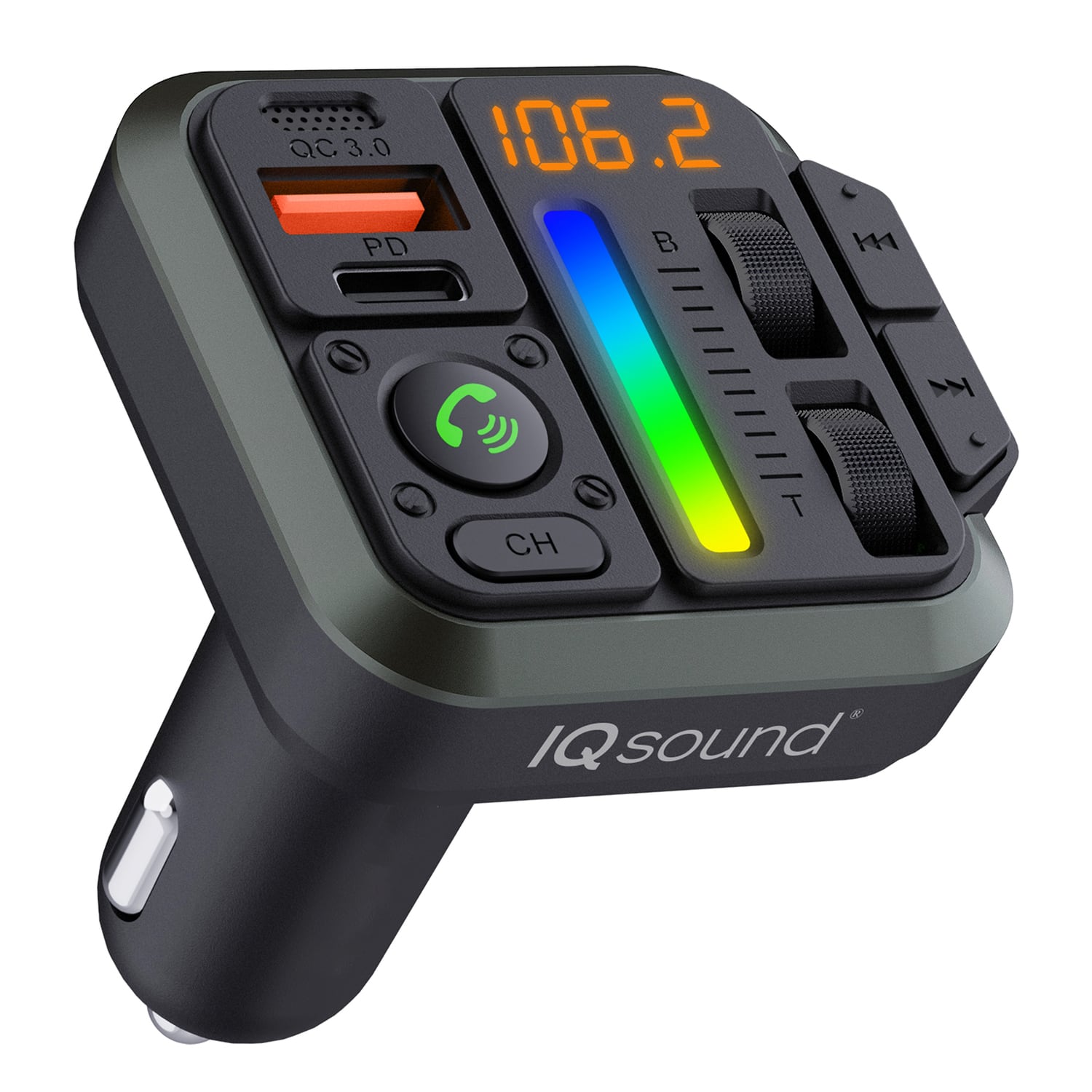 iQ Sound - 2-in-1 FM Transmitter and Dual USB-C Car Charger with Bass and Treble Control, Remote, IQ-311BT - Black