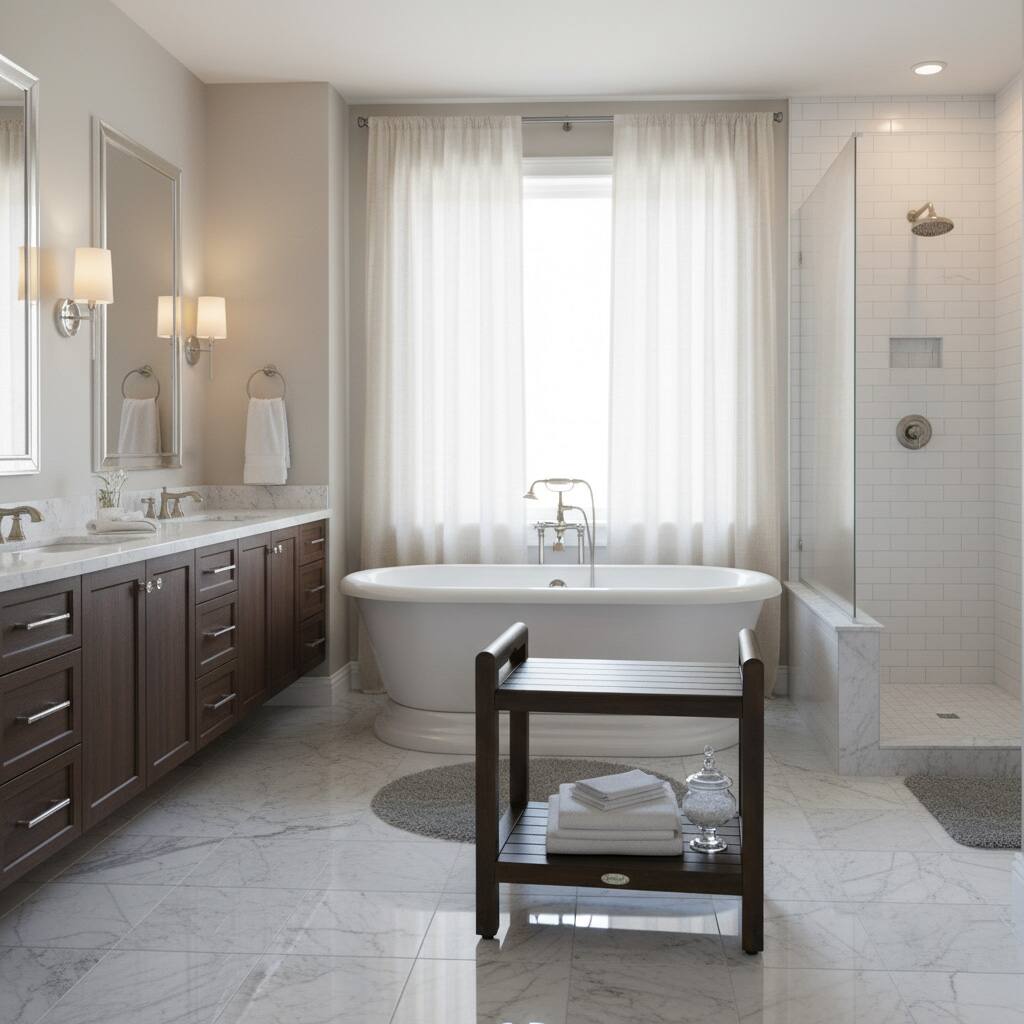 Angle. DecoTeak - DecoTeak Eleganto 21"H Teak Wood Shower Bench with LiftAide® Arms and Shelf in Woodland Brown Finish - Woodland Brown.