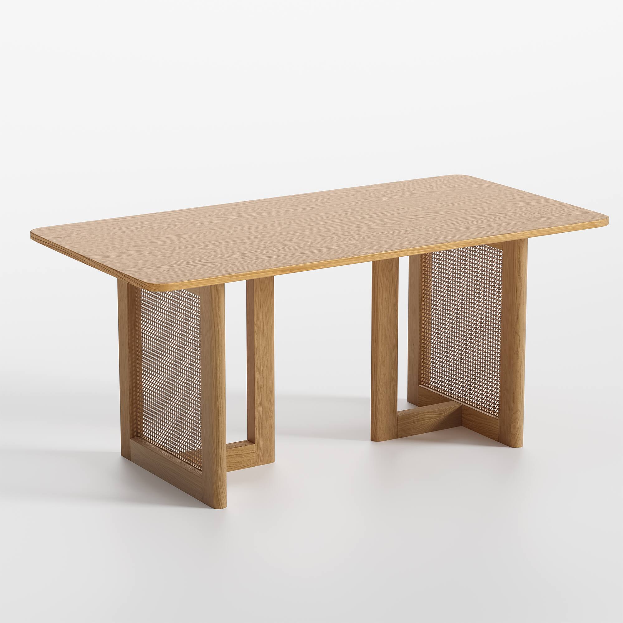 Angle. PexFix - Modern Farmhouse Oak Dining Table | Rectangle Rattan & Solid Wood, Double Pedestal Base for 6, 67-Inch - Natural.