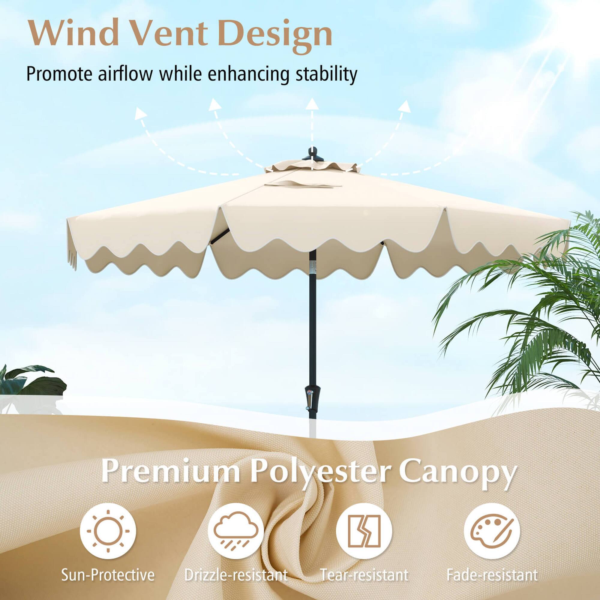 Wind Vent Design  
Promote airflow while enhancing stability  

Premium Polyester Canopy  
Sun-Protective  
Drizzle-resistant  
Tear-resistant  
Fade-resistant
