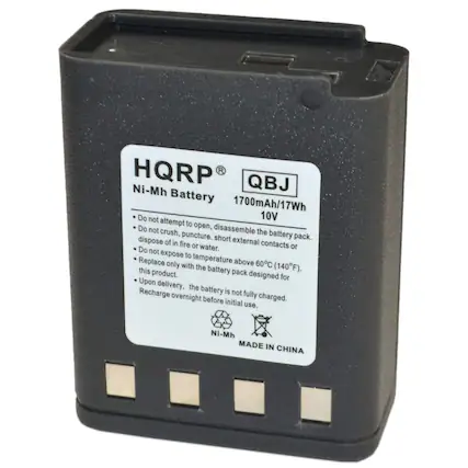 HQRP QBJ Ni-Mh Battery 1700mAh/17Wh 10V
- Do not attempt to open, disassemble the battery pack.
- Do not crush, puncture, dispose of in fire or water.
- Do not expose to temperature above 60°C (140°F).
- Replace only with the battery pack designed for this product.
- Upon delivery, the battery is not fully charged. Recharge overnight before initial use.
MADE IN CHINA