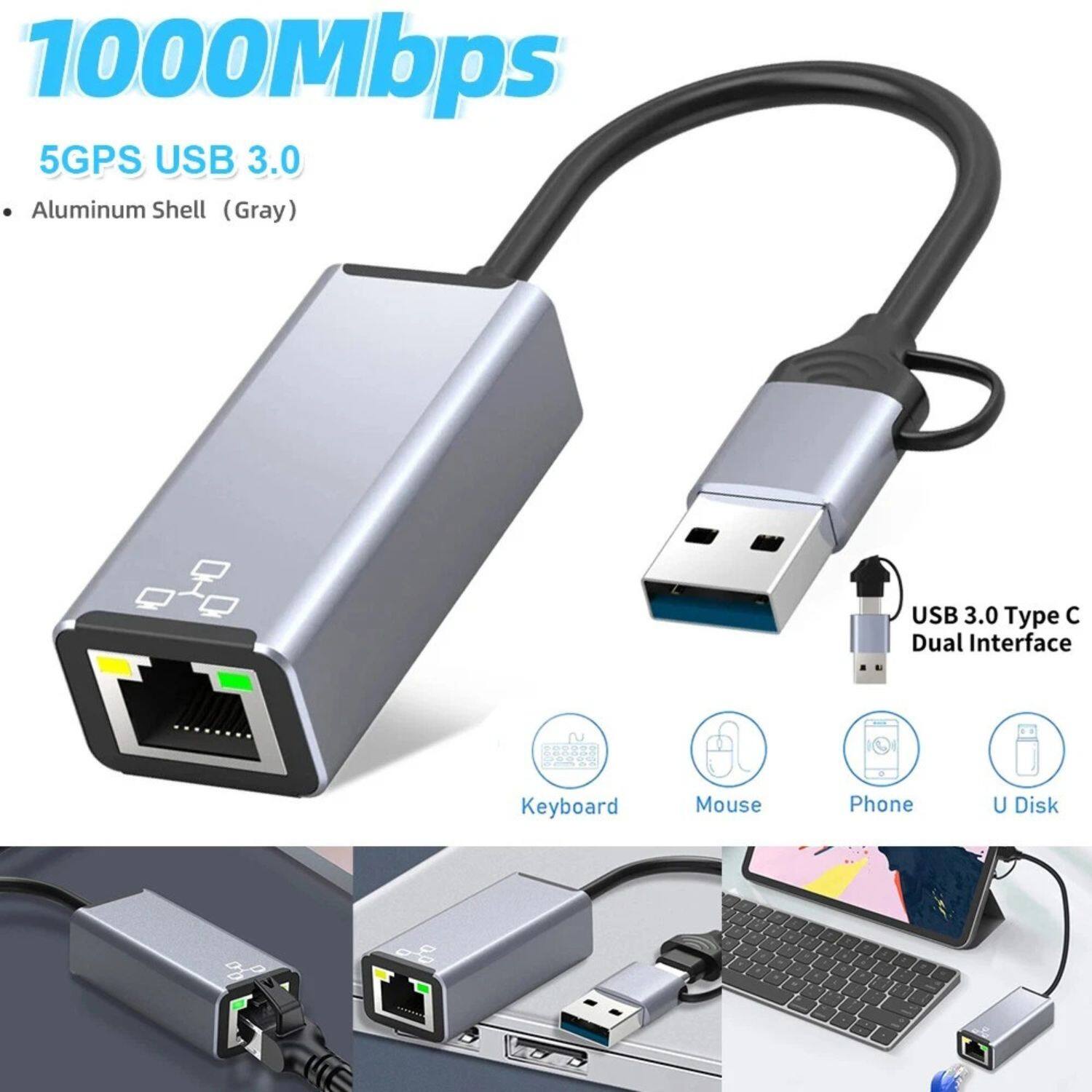 1000Mbps 5GPS USB 3.0. Aluminum Shell (Gray). USB 3.0 Type C Dual Interface. Keyboard Mouse Phone U Disk.