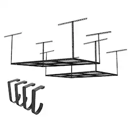 Fleximounts - OHK Series 48 in. W x 72 in. D x 22-40 in. H Ceiling Mounted Overhead Garage Storage Rack with Accessory Hooks - Black