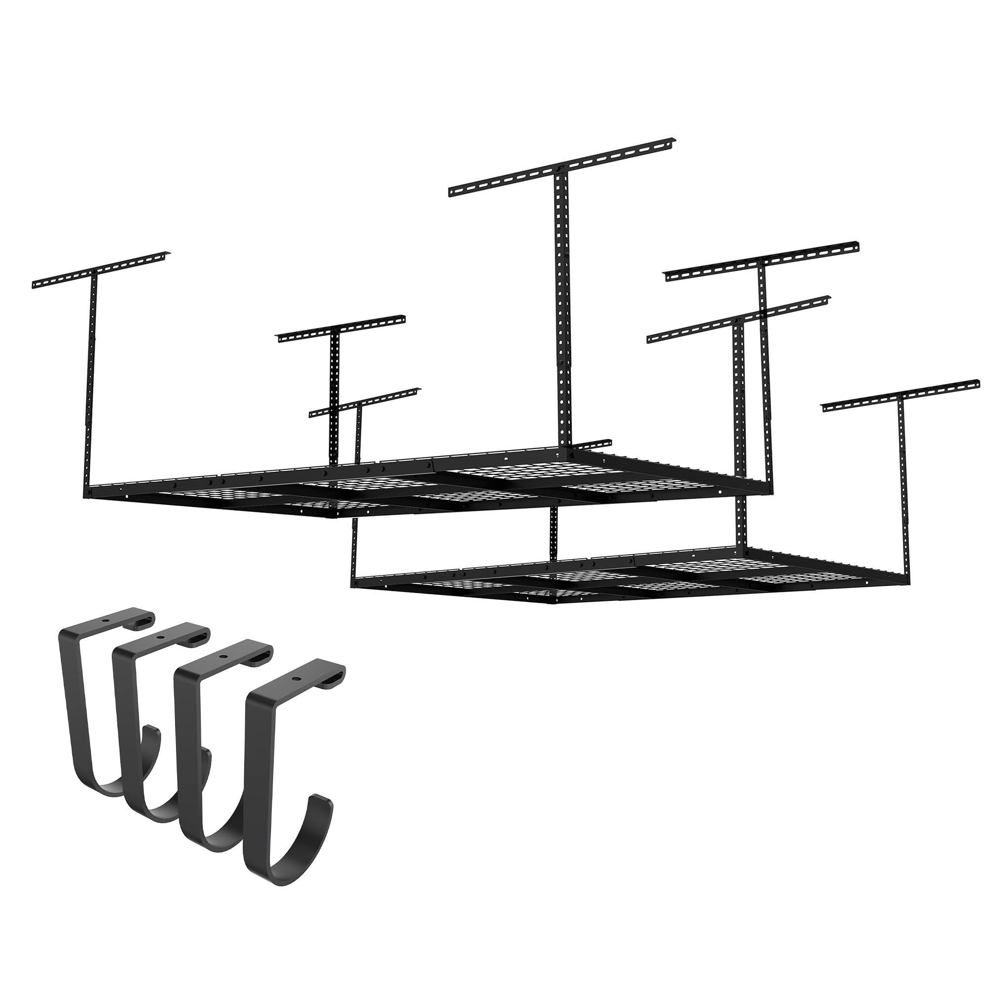 Front. Fleximounts - OHK Series 48 in. W x 72 in. D x 22-40 in. H Ceiling Mounted Overhead Garage Storage Rack with Accessory Hooks - Black.