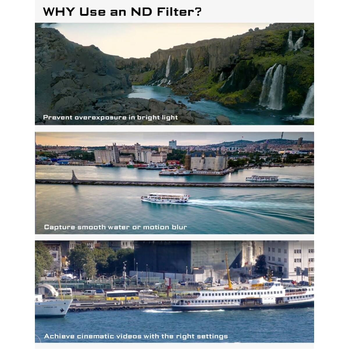 WHY Use an ND Filter?  
- Prevent overexposure in bright light  
- Capture smooth water or motion blur  
- Achieve cinematic videos with the right settings