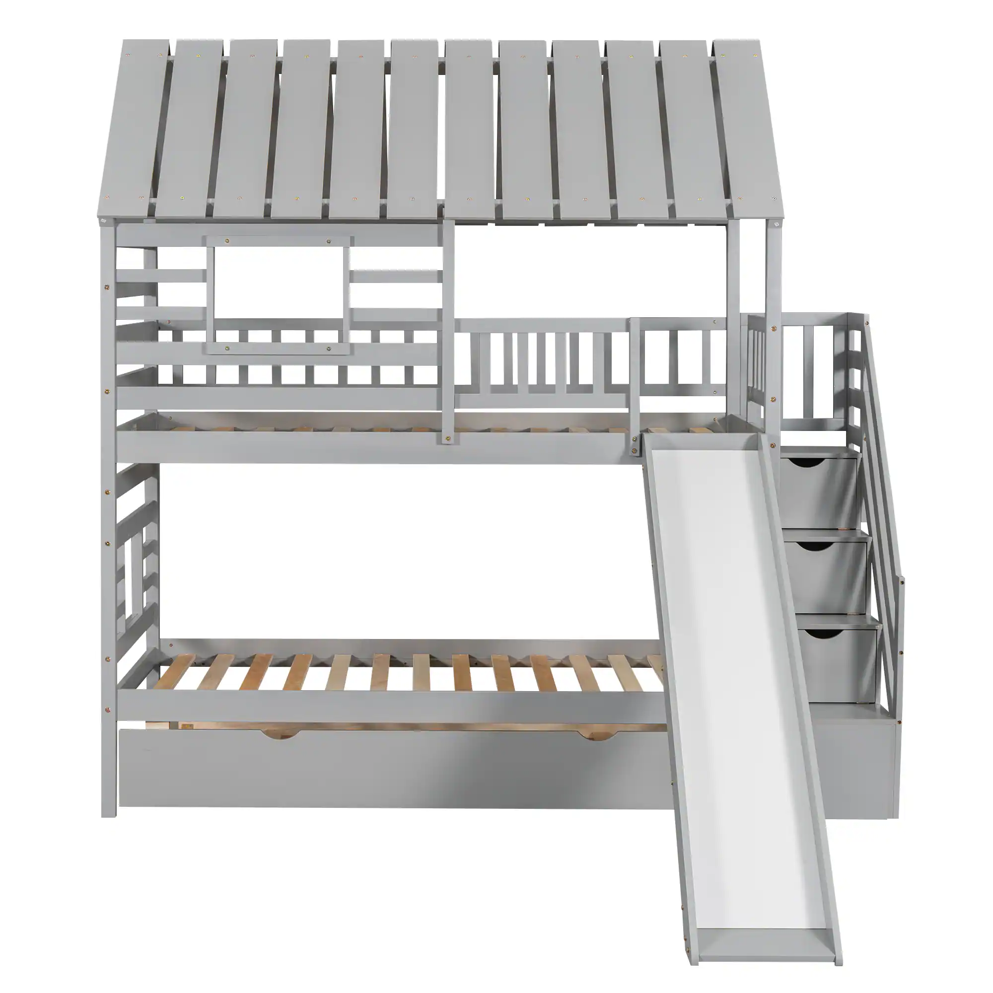 Alt View 4. Tiramisubest - Twin Bunk Bed with Trundle, Slide, Storage Staircase, Roof & Window, Gray - Gray.