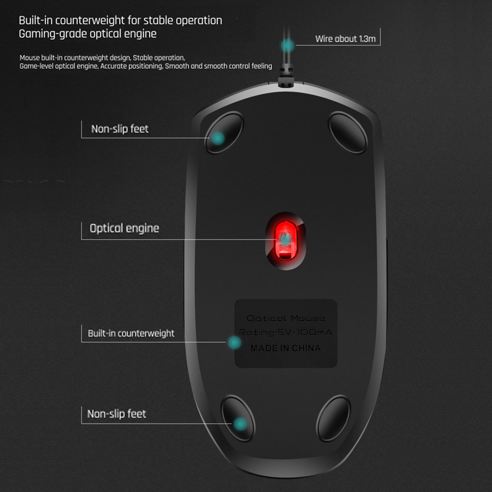 Built-in counterweight for stable operation  
Gaming-grade optical engine  

Mouse built-in counterweight design, stable operation, game-level optical engine, accurate positioning, smooth and smooth control feeling  

Wire about 1.3m  

Non-slip feet  

Optical engine  

Built-in counterweight  

Optical Mouse  
Rating: SV-100mA  
MADE IN CHINA