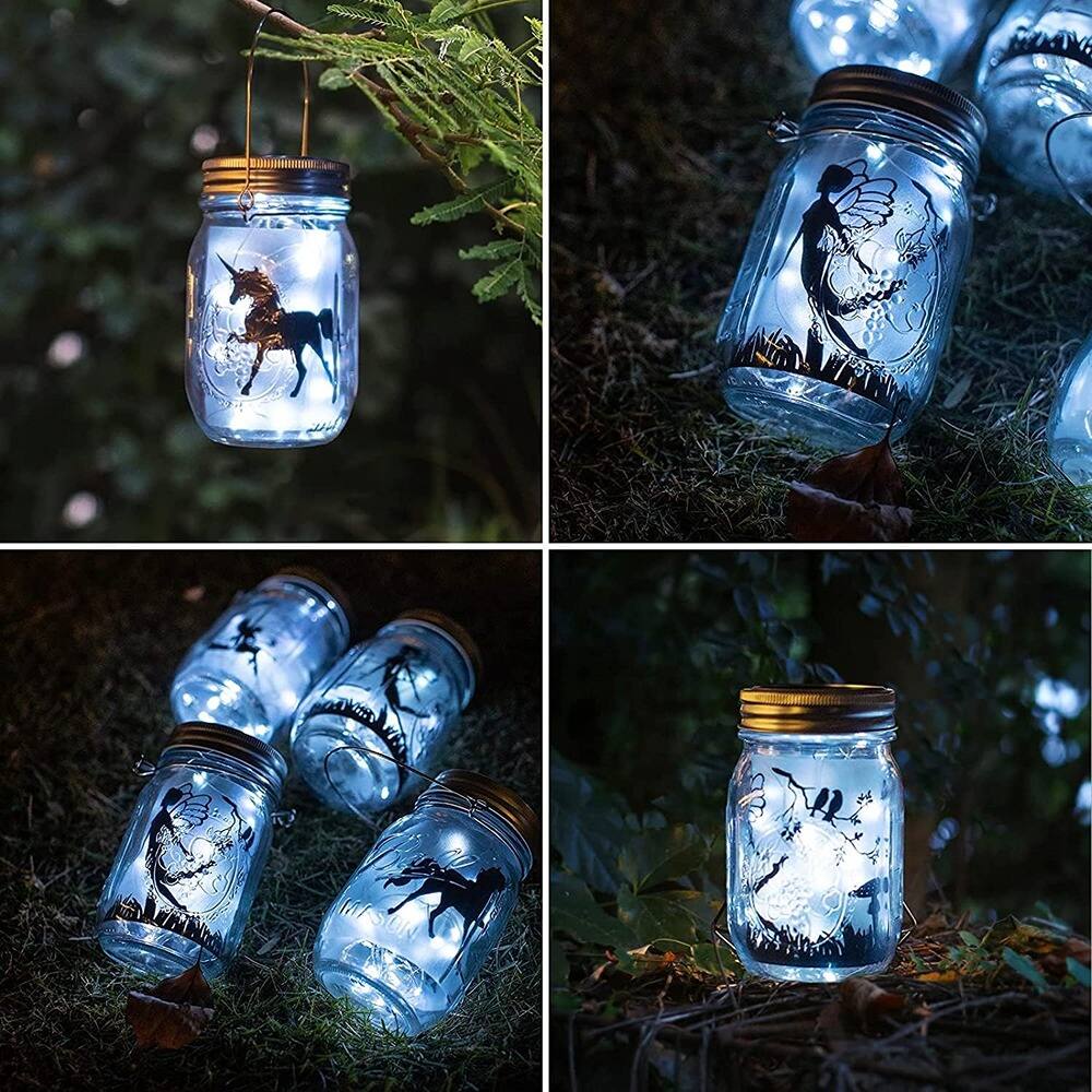 Left. RTMB - Eight Solar Fairy String Lid Lights with Fairy Star Firefly Jar Lids - Cold White.