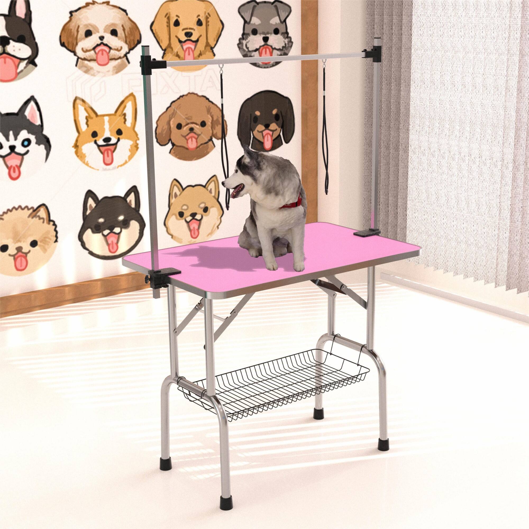 Alt View 6. Glintex - 36" Stainless steel Folding Pet Grooming Table，Dressing Table，Adjustable Arm and Storage Basket for Home and Pet Salon.