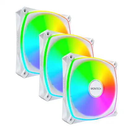 Front. Montech - RX120 PRO RX120PW3IN1 120mm ARGB Fan, 1600PWM, 3 in 1 Pack - White.