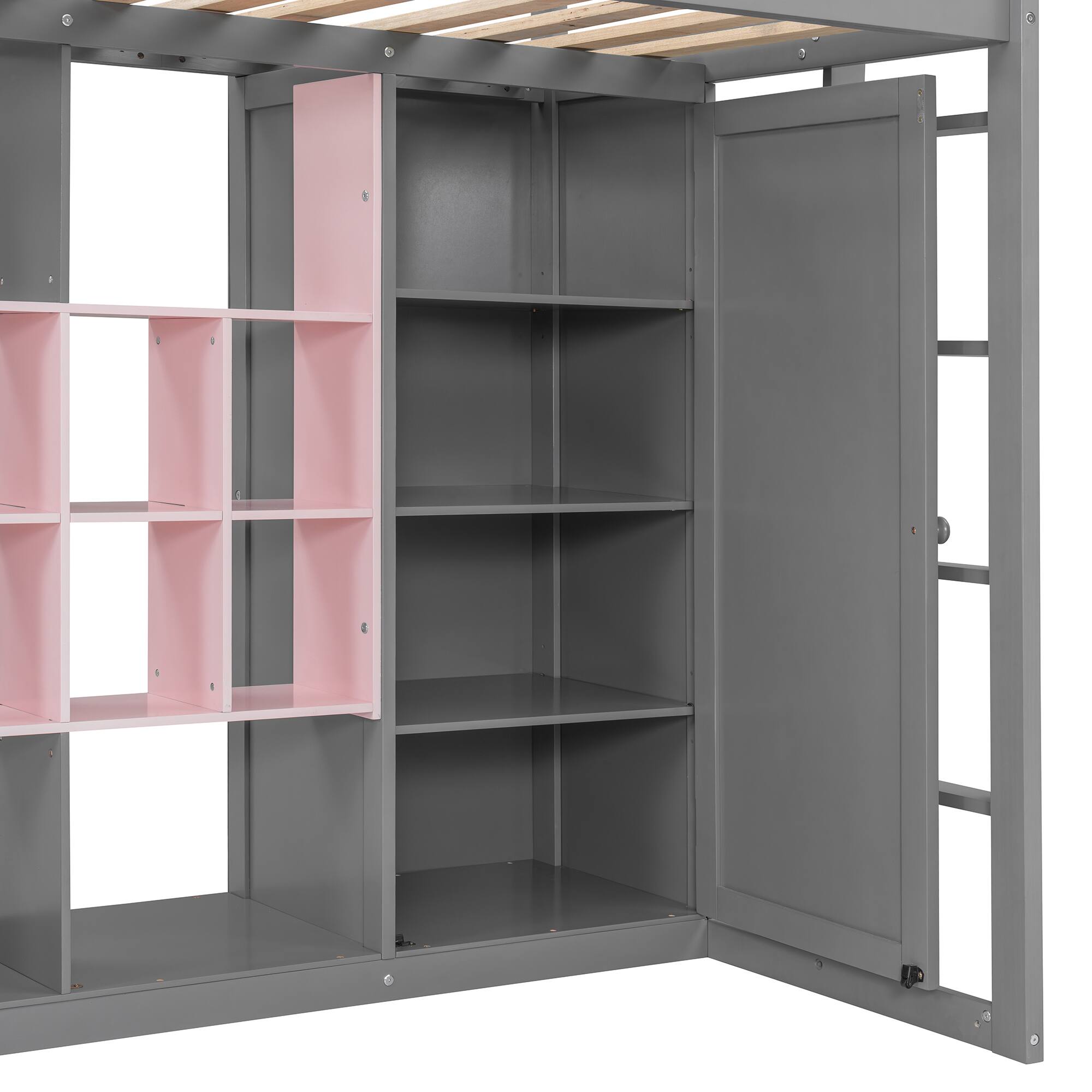 Alt View 2. Anysun - Twin Size Wood Loft Bed with Wardrobe, shelves and Cabinet - Gray.
