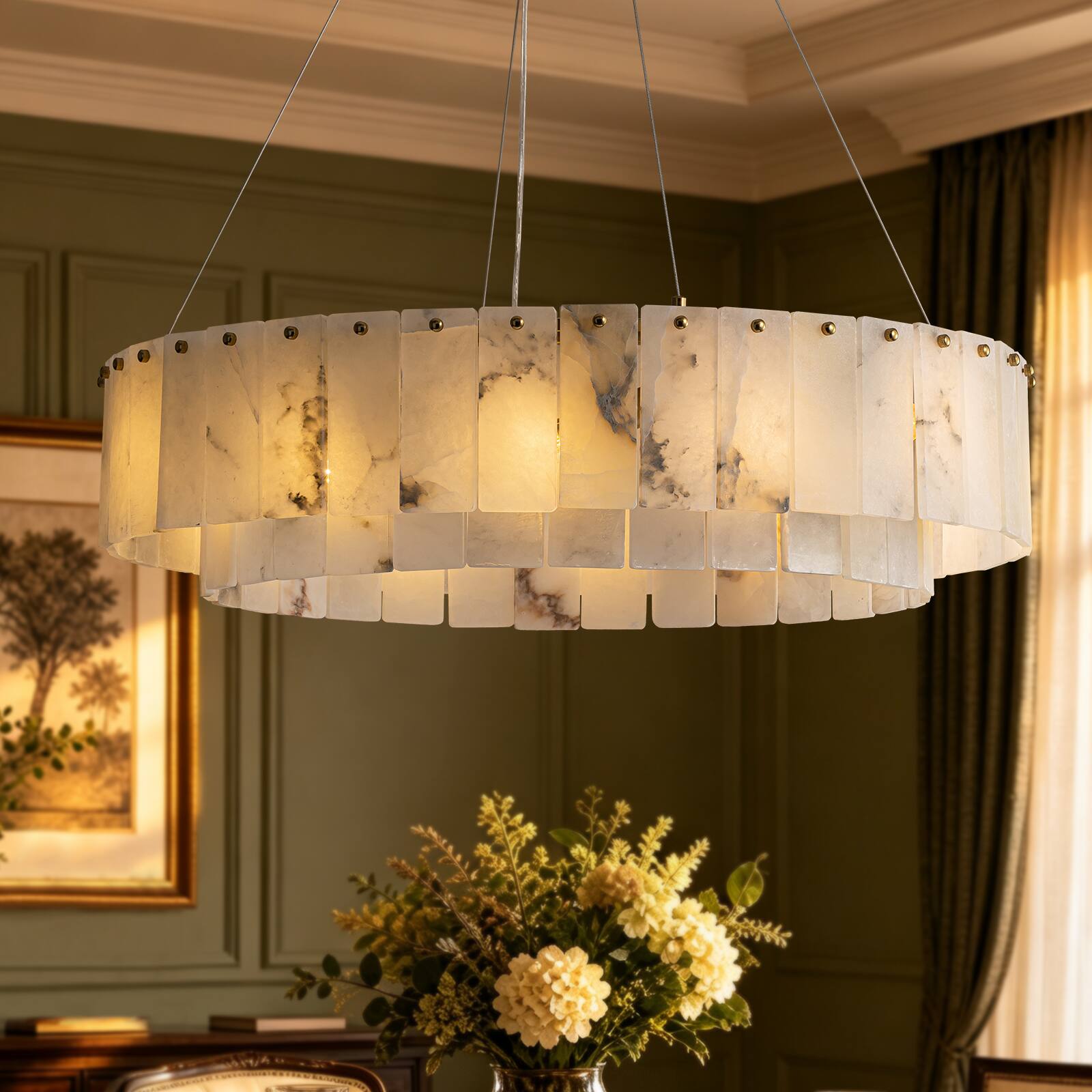 Left. Siljoy - 32-In Gold Natural Alabaster Drum Chandelier 12-Light E12 Adjustable Height for Dining Room Living Room Bedroom Island - Gold.