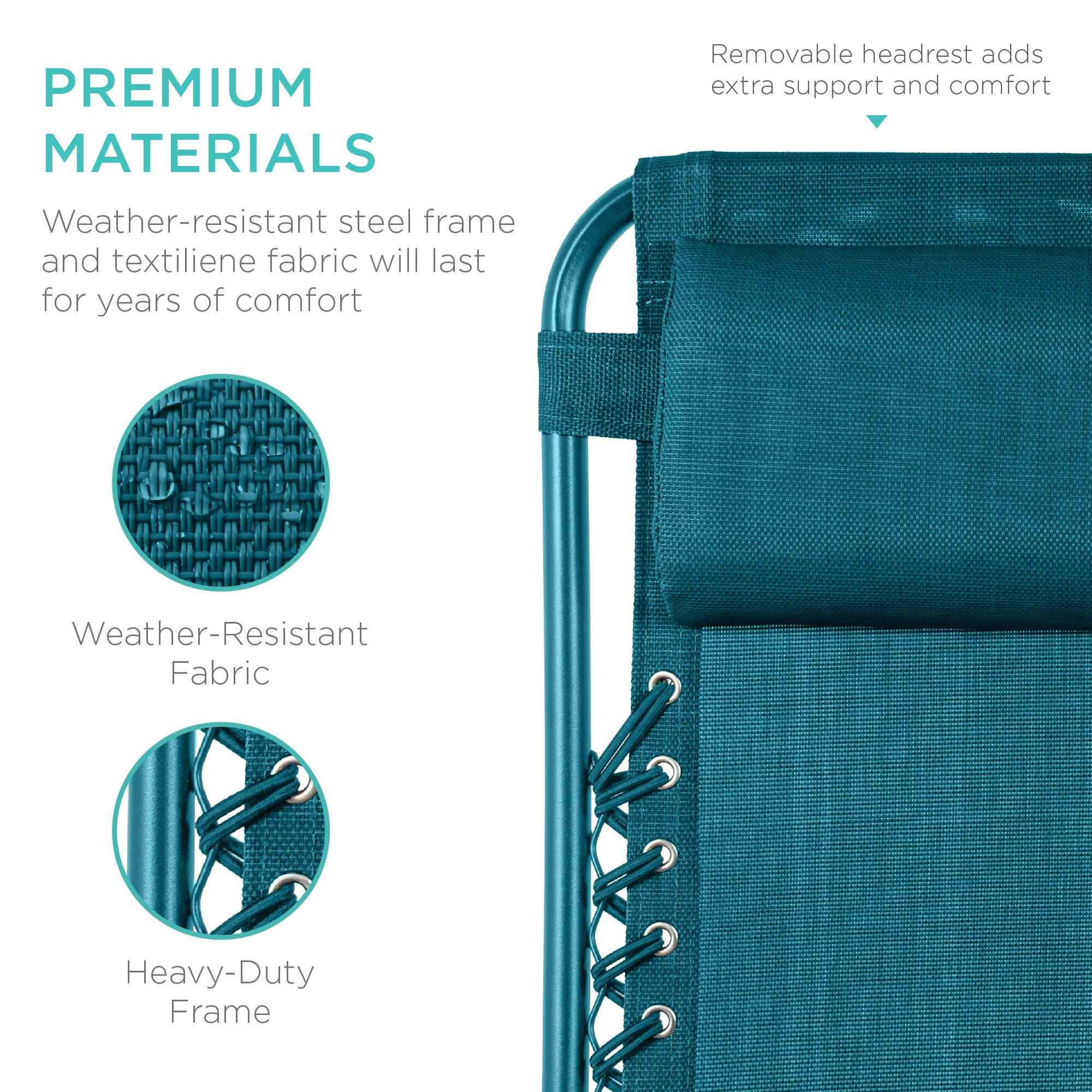 PREMIUM MATERIALS

Weather-resistant steel frame and textilene fabric will last for years of comfort

- Weather-Resistant Fabric
- Heavy-Duty Frame

Removable headrest adds extra support and comfort