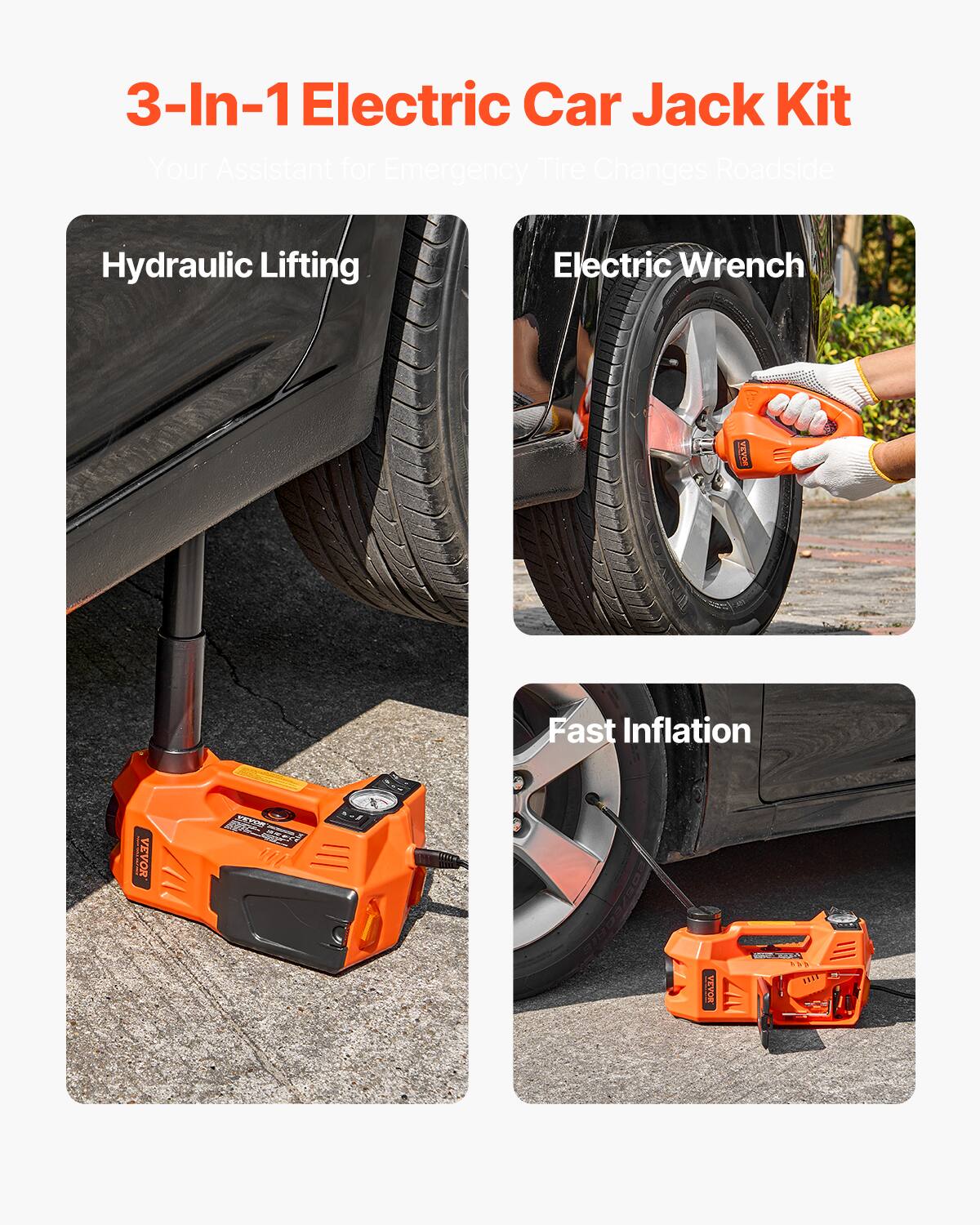 3-In-1 Electric Car Jack Kit  
Your Assistant for Emergency Tire Changes Roadside  
Hydraulic Lifting  
Electric Wrench  
Fast Inflation  
VEVOR