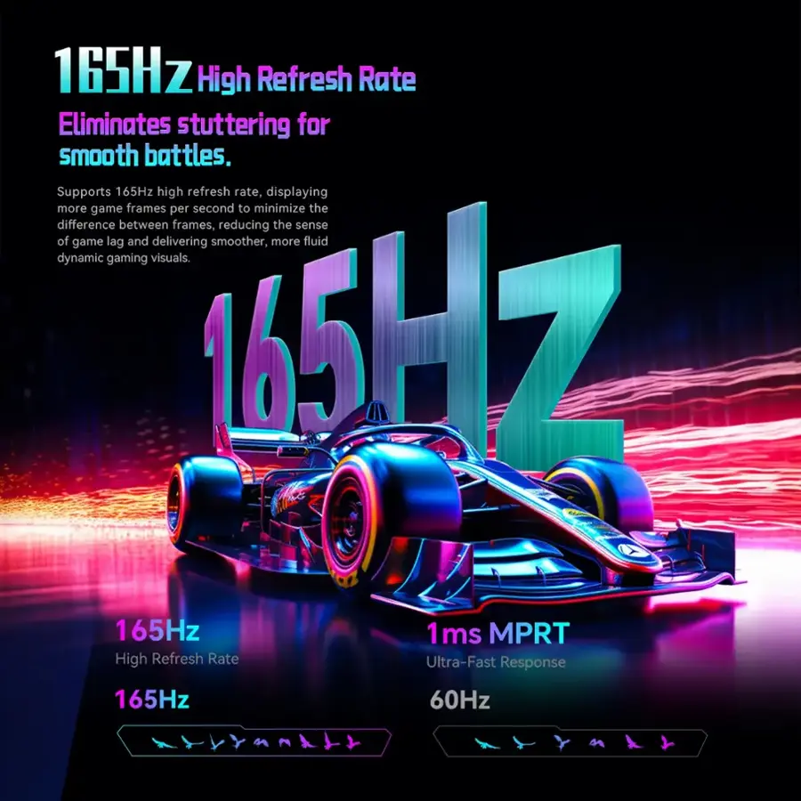 The text on the image is grouped and corrected as follows:

165Hz High Refresh Rate Eliminates stuttering for smooth battles. Supports 165Hz high refresh rate, displaying more game frames per second to minimize the difference between frames, reducing the sense of game lag and delivering smoother, more fluid dynamic gaming visuals. WZ 2 165Hz 1 ms MPRT High Refresh Rate Ultra-Fast Response 165Hz 60Hz