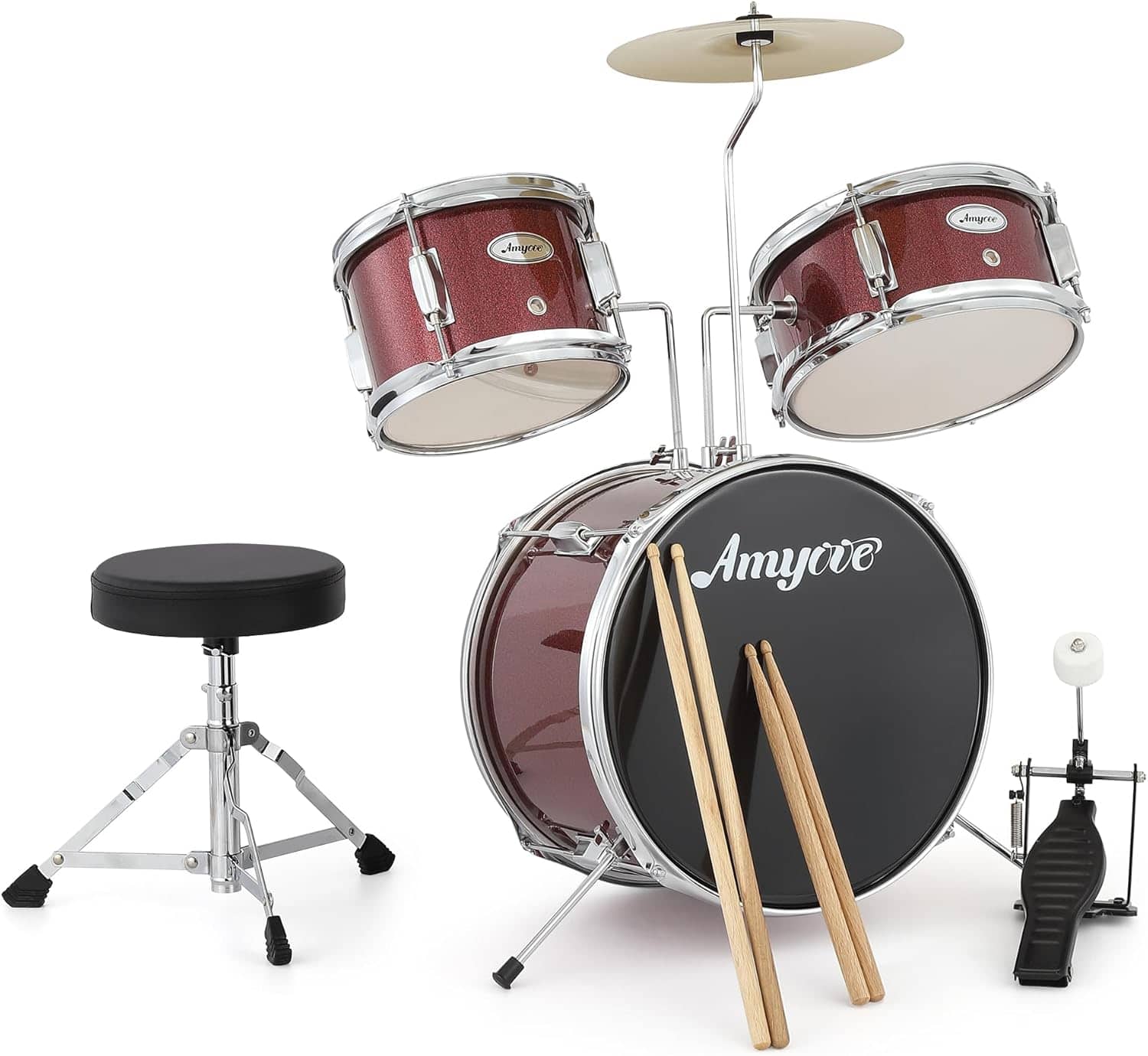 GARVEE - 3-Piece Beginner Drum Set with Bass Drum, Tom, Cymbal, Pedal, Stool & Sticks, Red Finish