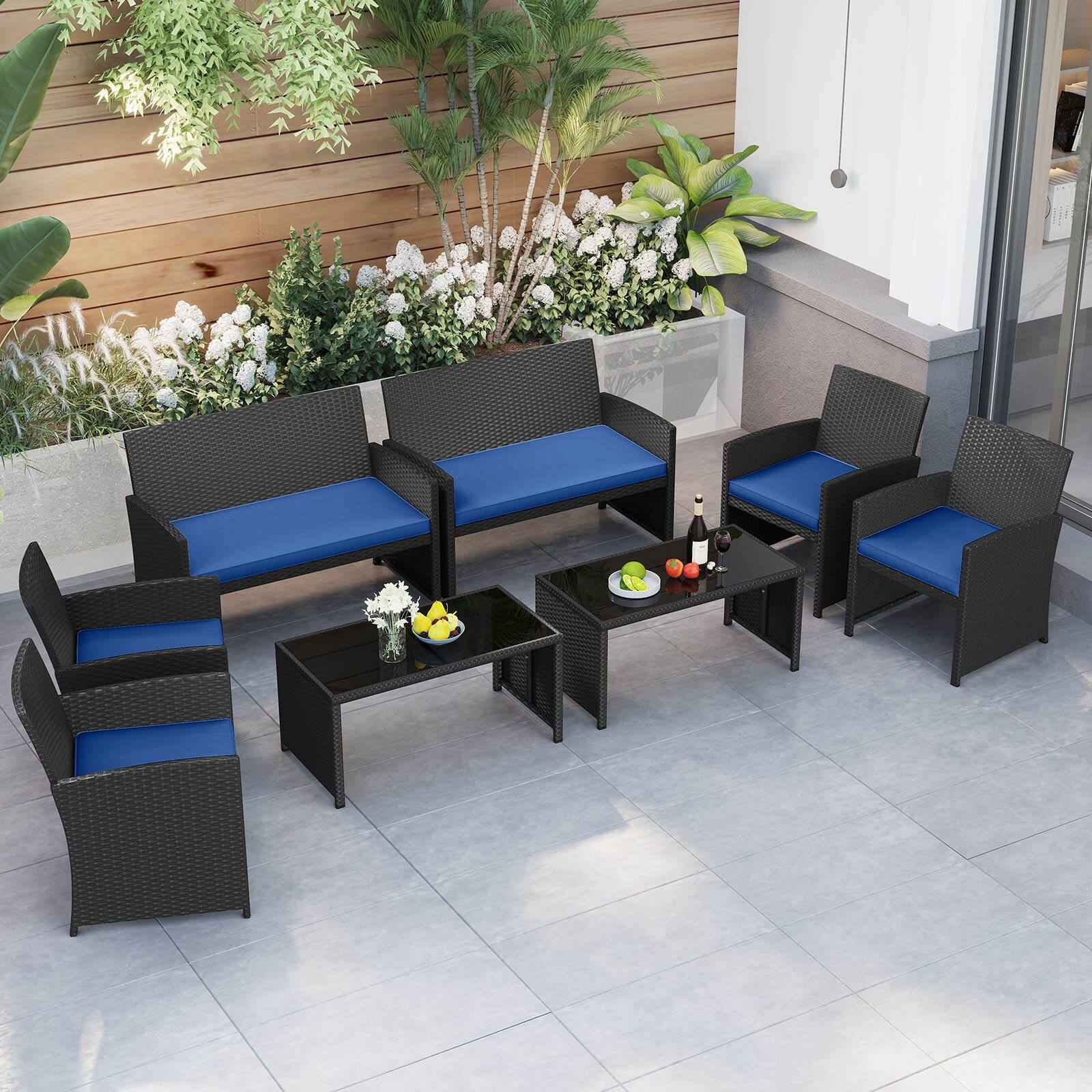 Alt View 1. Gymax - Gymax Set of 8 Patio Conversation Set w/Seat Cushions & Tempered Glass Tabletop Porch Outdoor Navy - Navy.