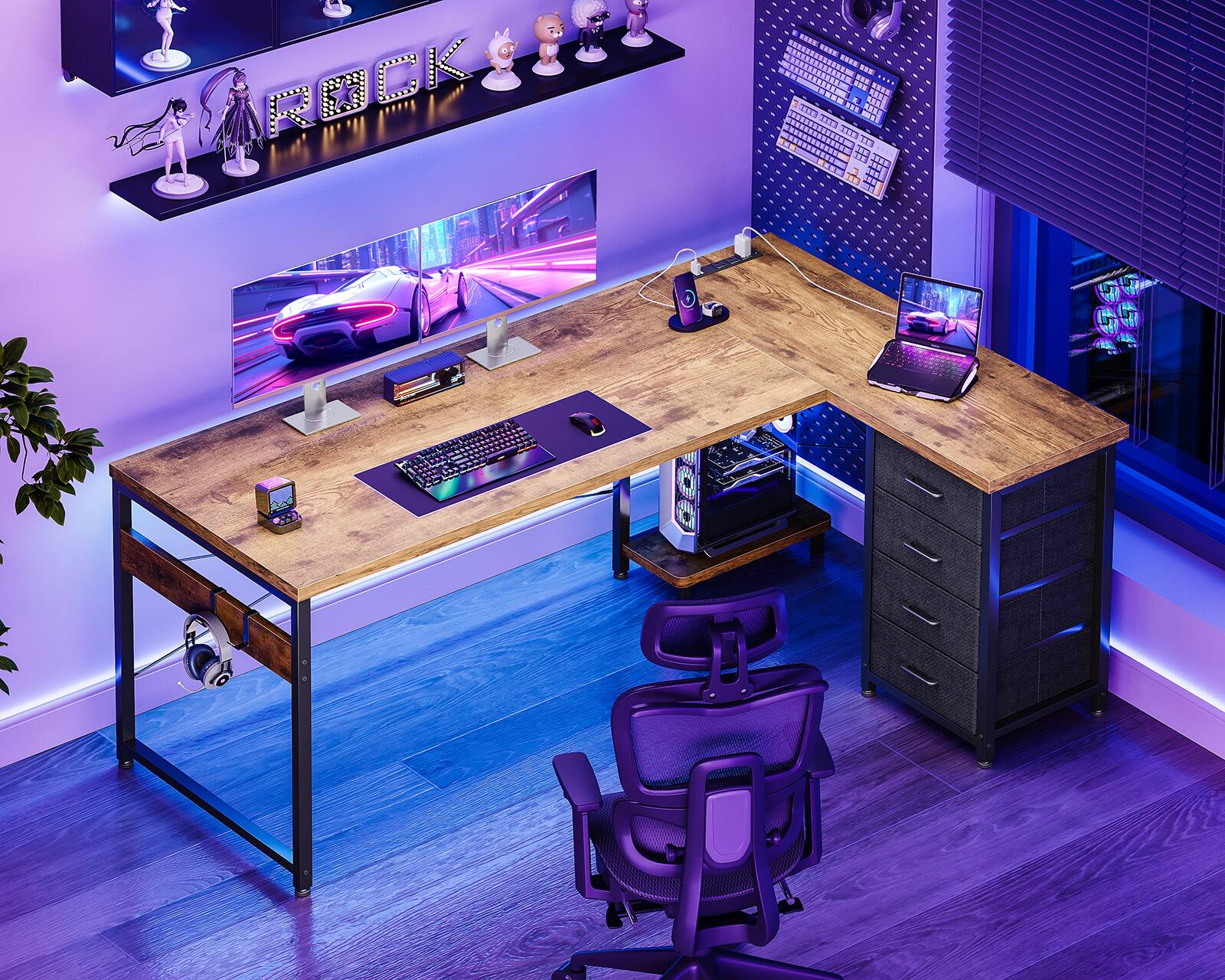 Alt View 2. AODK - Reversible L-Shaped Desk with 4-Tier Drawers, Power Outlets, USB Charging Port and Host Stand - Brown.