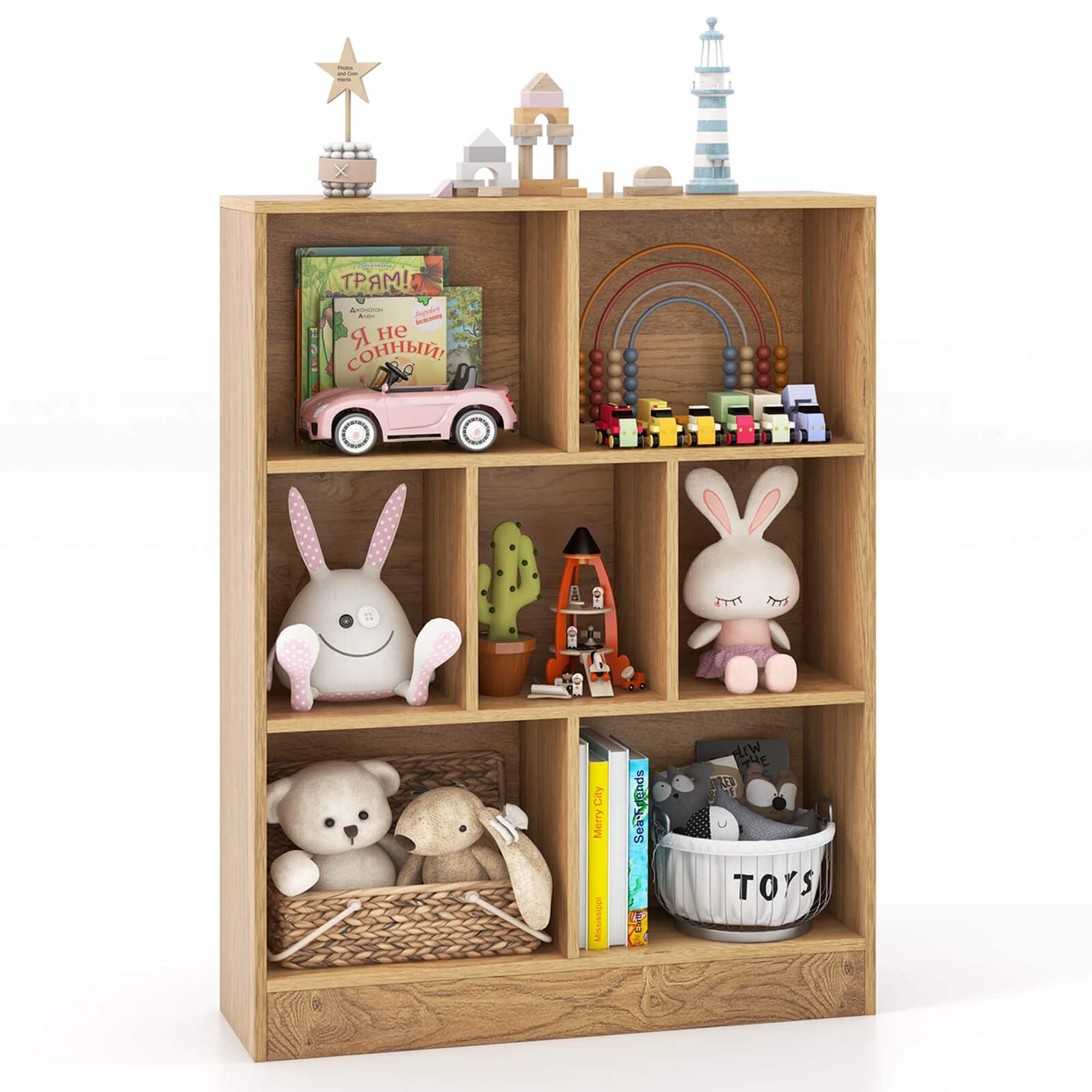 Costway - 7-Cube Bookcase for Kids 41" Wooden Toy Storage Organizer Freestanding Bookshelf - Brown