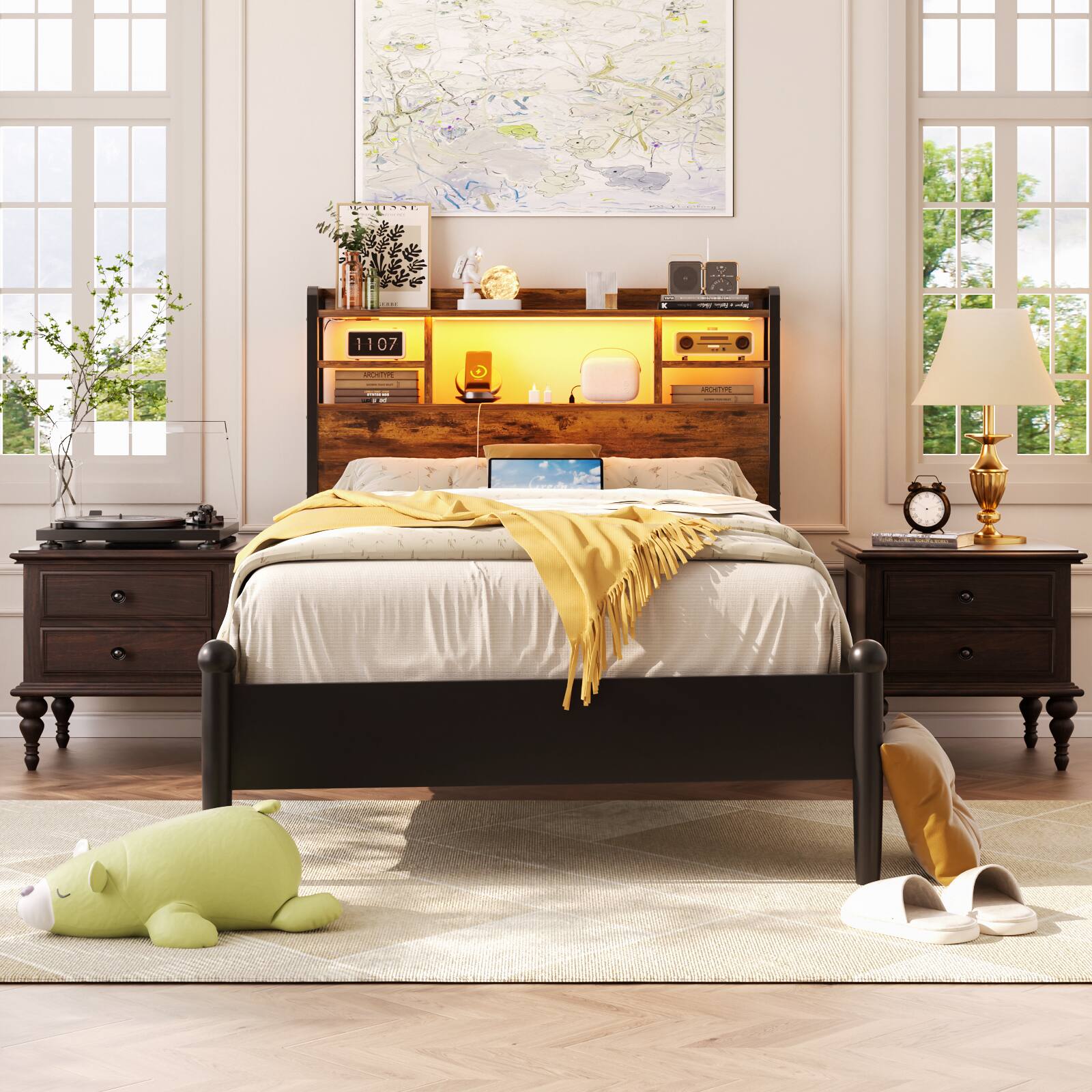 Back. Aheaplus - Twin Size Headboard with Power Outlet and RGB LED Lights, Headboard with Storage Shelves - Brown.