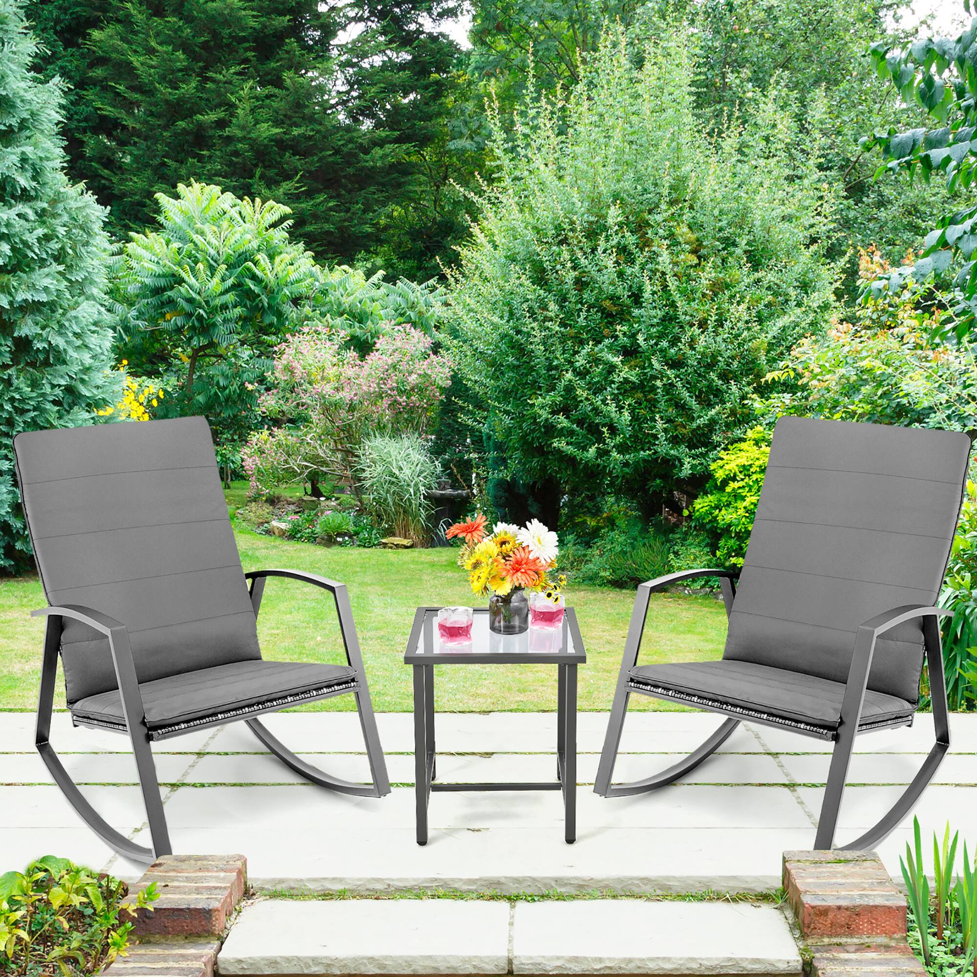 Alt View 1. Costway - Costway 3PCS Patio Rattan Rocking Chair Table Furniture Set Yard Cushion - Gray.