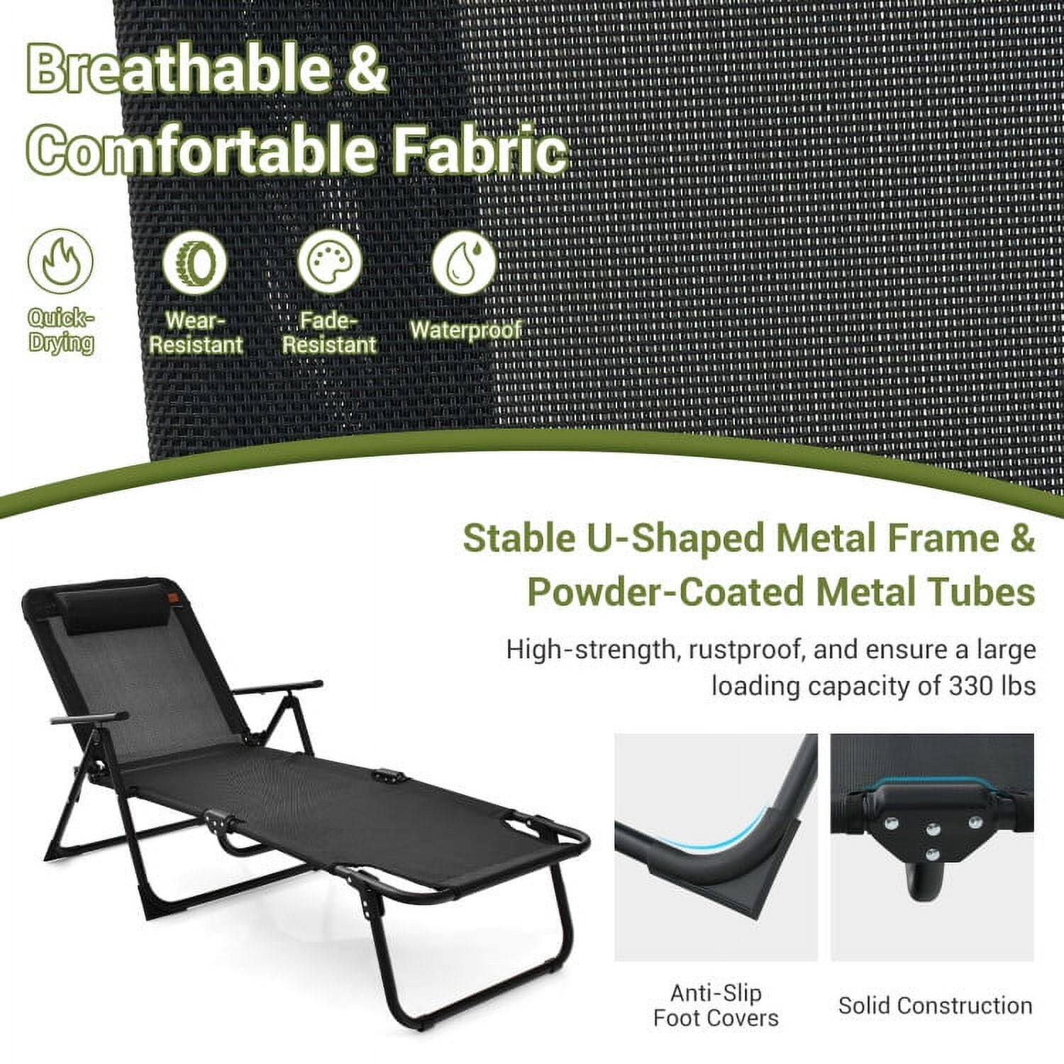 Breathable & Comfortable Fabric

- Quick-Drying
- Wear-Resistant
- Fade-Resistant
- Waterproof

Stable U-Shaped Metal Frame & Powder-Coated Metal Tubes

- High-strength, rustproof, and ensure a large loading capacity of 330 lbs

Anti-Slip Foot Covers

Solid Construction