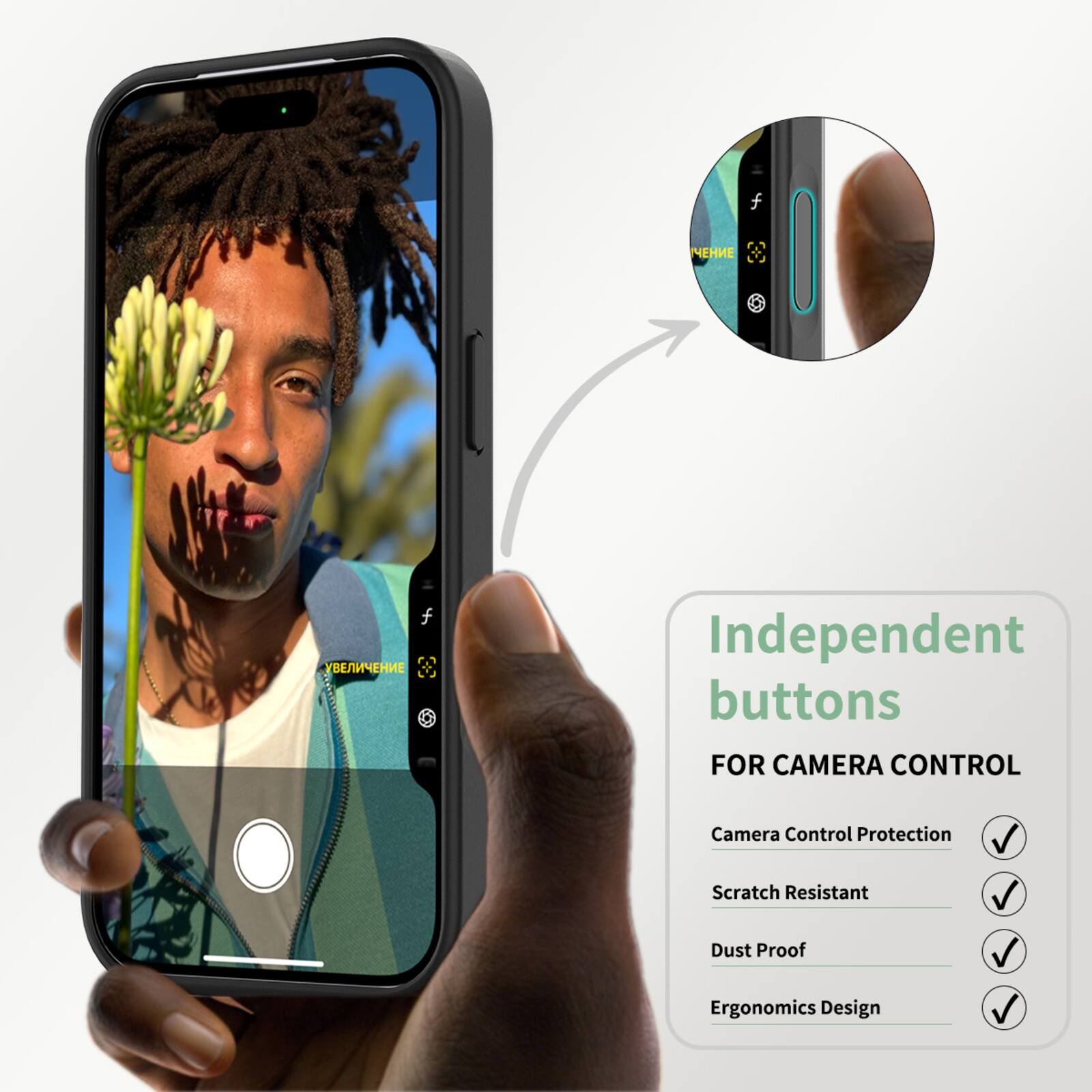 Independent buttons for camera control  
- Camera Control Protection  
- Scratch Resistant  
- Dust Proof  
- Ergonomics Design