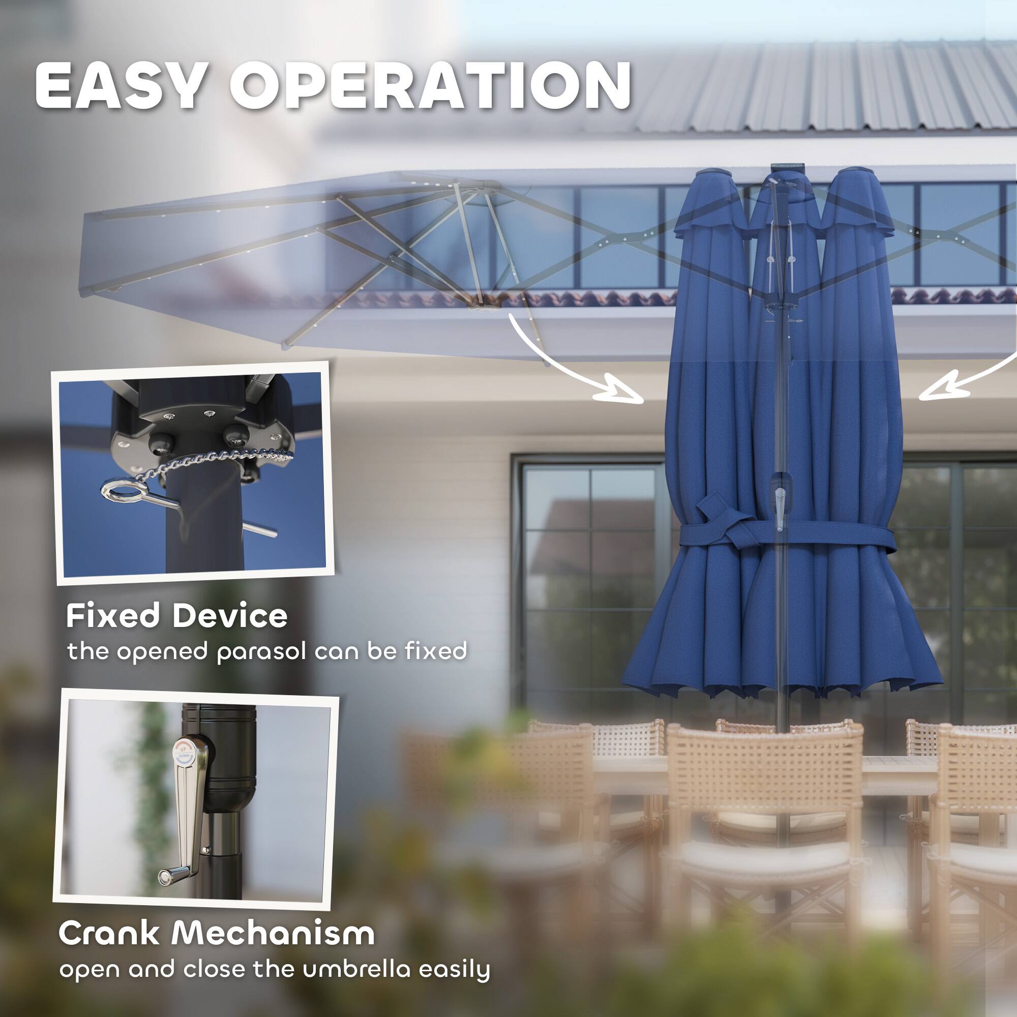 EASY OPERATION
Fixed Device
the opened parasol can be fixed
Crank Mechanism
open and close the umbrella easily