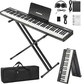 GARVEE - Folding 88-Key Keyboard Piano with Stand, Sustain Pedal, Headphones, Carry Bag, Bluetooth & USB MIDI for Adults